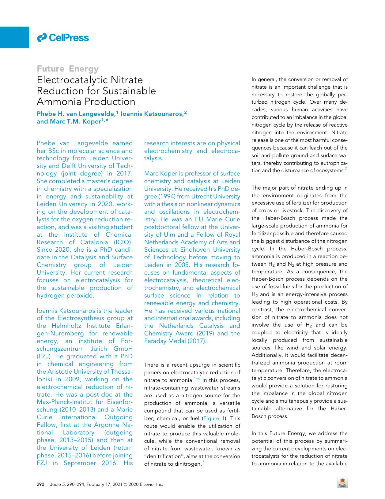 Electrocatalytic Nitrate Reduction for Sustainable Ammonia Production by Phebe H. van Langevelde