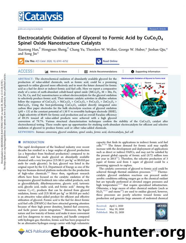 Electrocatalytic Oxidation of Glycerol to Formic Acid by CuCo2O4 Spinel Oxide Nanostructure Catalysts by Xiaotong Han Hongyuan Sheng Chang Yu Theodore W. Walker George W. Huber Jieshan Qiu & Song Jin