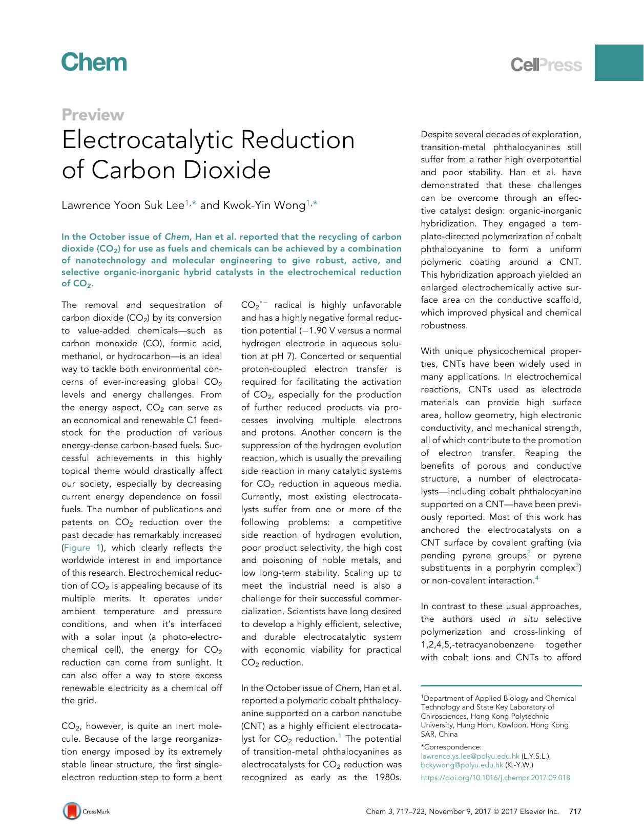 Electrocatalytic Reduction of Carbon Dioxide by Lawrence Yoon Suk Lee & Kwok-Yin Wong
