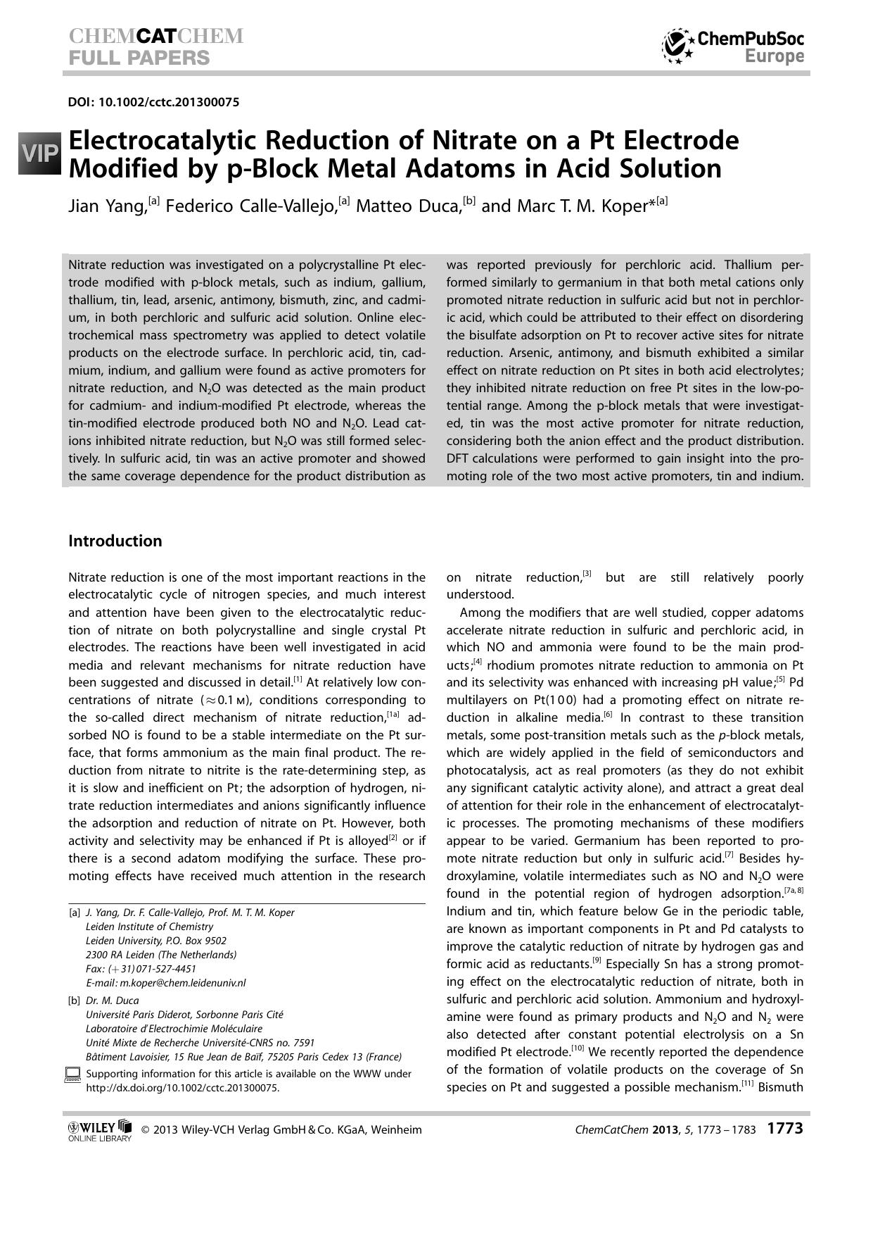 Electrocatalytic Reduction of Nitrate on a Pt Electrode Modified by pBlock Metal Adatoms in Acid Solution by Unknown