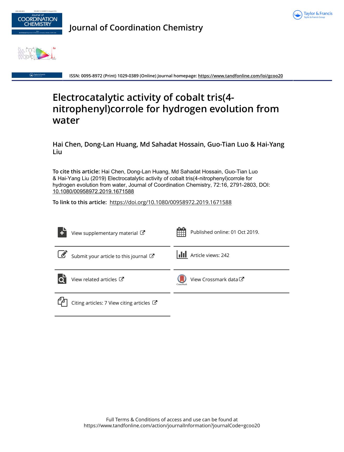 Electrocatalytic activity of cobalt tris(4-nitrophenyl)corrole for hydrogen evolution from water by Chen Hai & Huang Dong-Lan & Hossain Md Sahadat & Luo Guo-Tian & Liu Hai-Yang