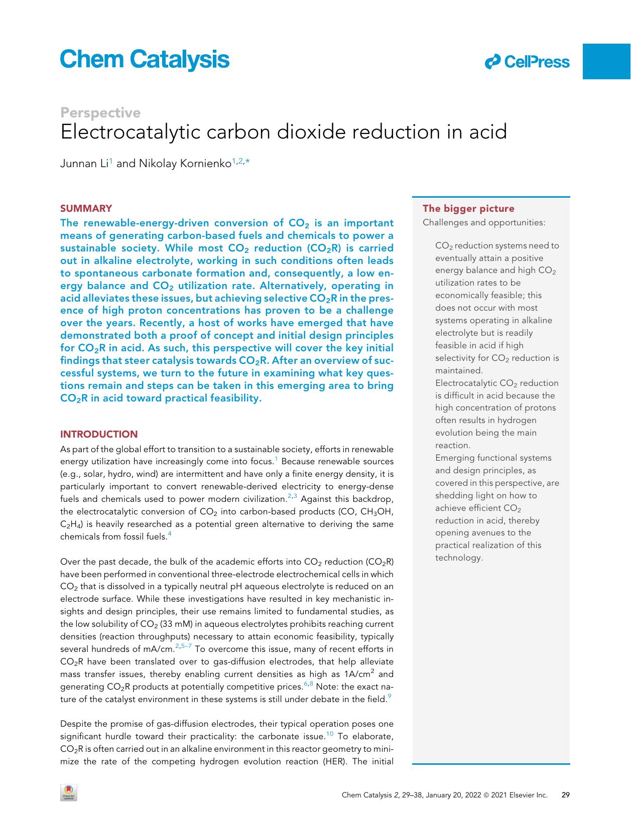 Electrocatalytic carbon dioxide reduction in acid by Junnan Li & Nikolay Kornienko