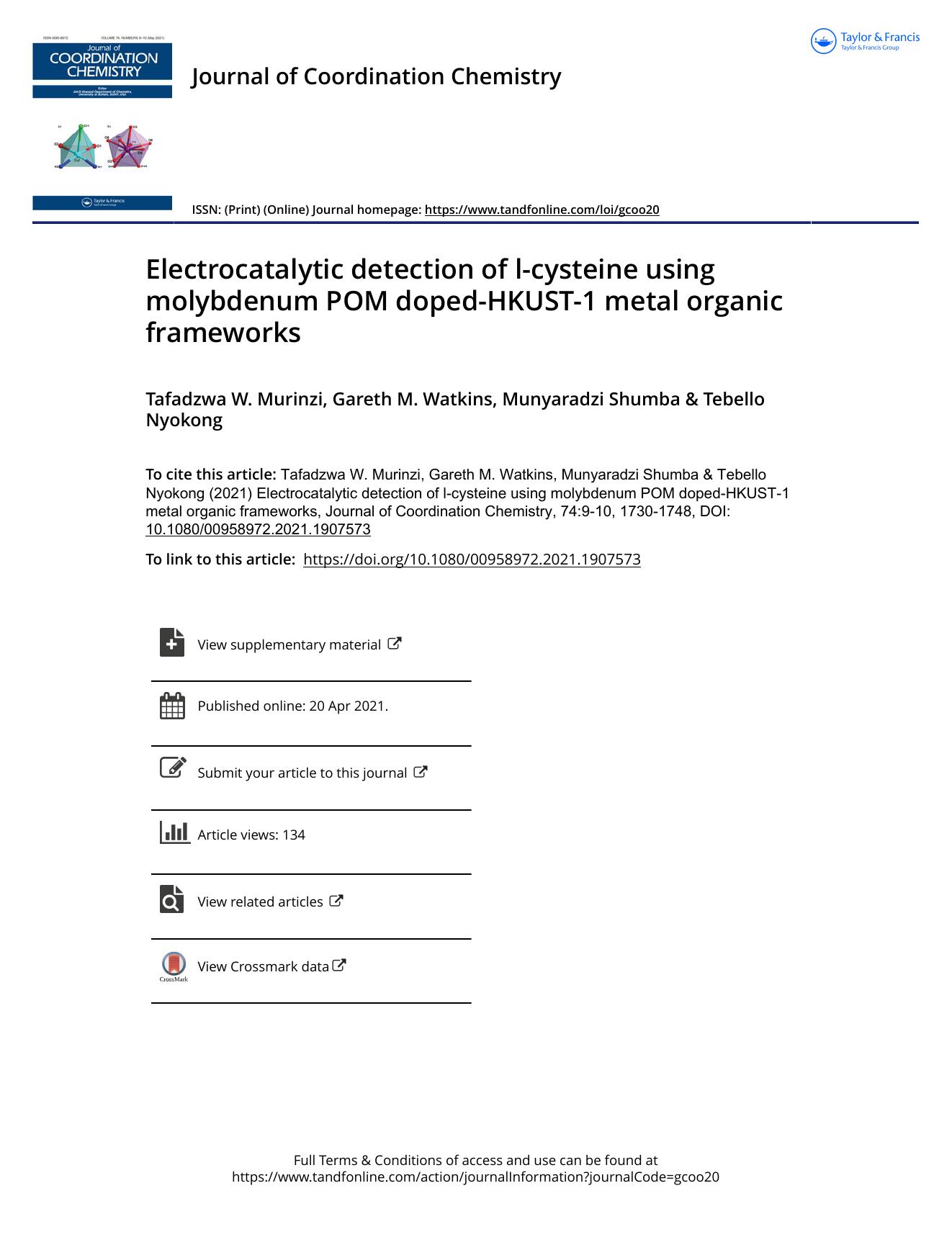 Electrocatalytic detection of l-cysteine using molybdenum POM doped-HKUST-1 metal organic frameworks by Murinzi Tafadzwa W. & Watkins Gareth M. & Shumba Munyaradzi & Nyokong Tebello