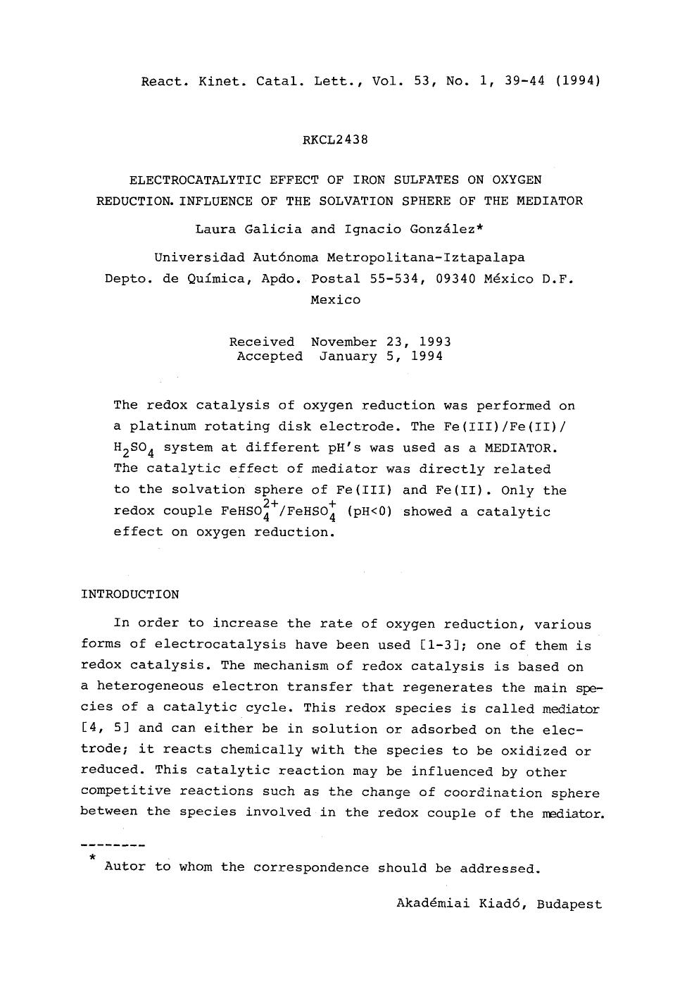 Electrocatalytic effect of iron sulfates on oxygen reduction. Influence of the solvation sphere of the mediator by Unknown