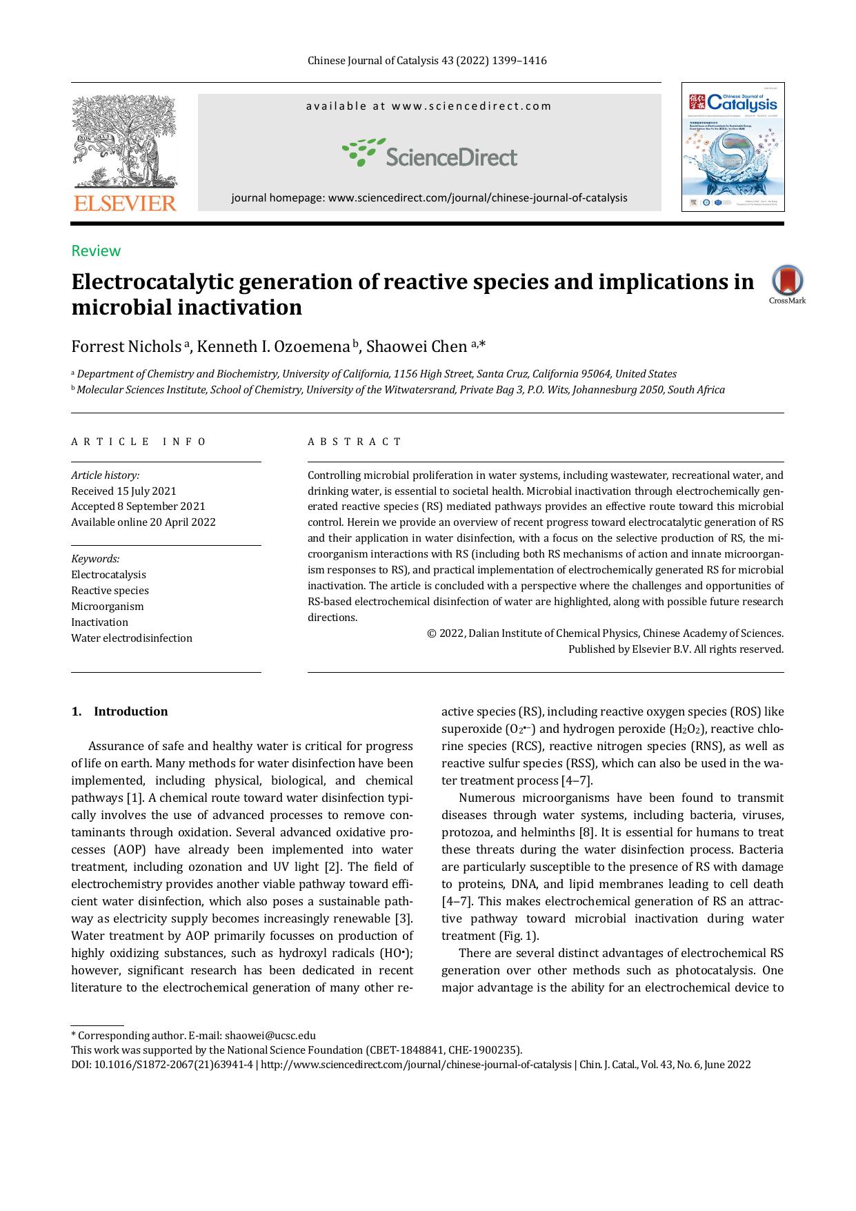 Electrocatalytic generation of reactive species and implications in microbial inactivation by Forrest Nichols & Kenneth I. Ozoemena & Shaowei Chen