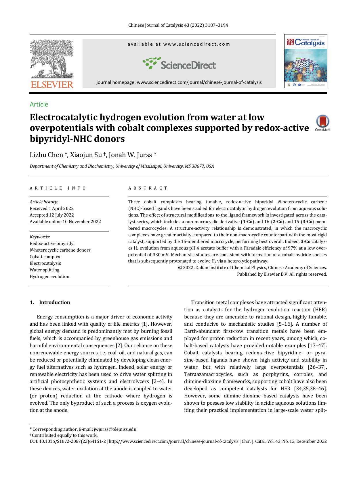 Electrocatalytic hydrogen evolution from water at low overpotentials with cobalt complexes supported by redox-active bipyridyl-NHC donors by Lizhu Chen & Xiaojun Su & Jonah W. Jurss