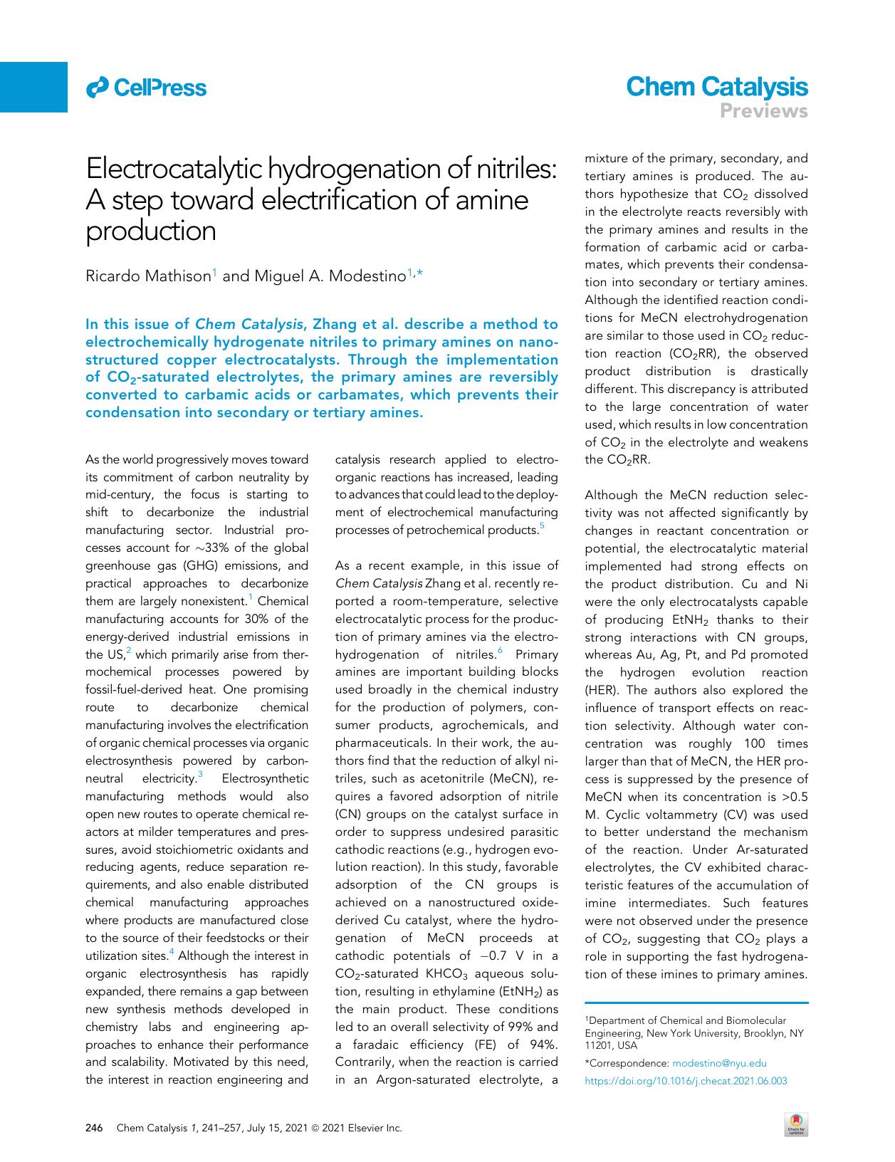 Electrocatalytic hydrogenation of nitriles: A step toward electrification of amine production by Ricardo Mathison & Miguel A. Modestino