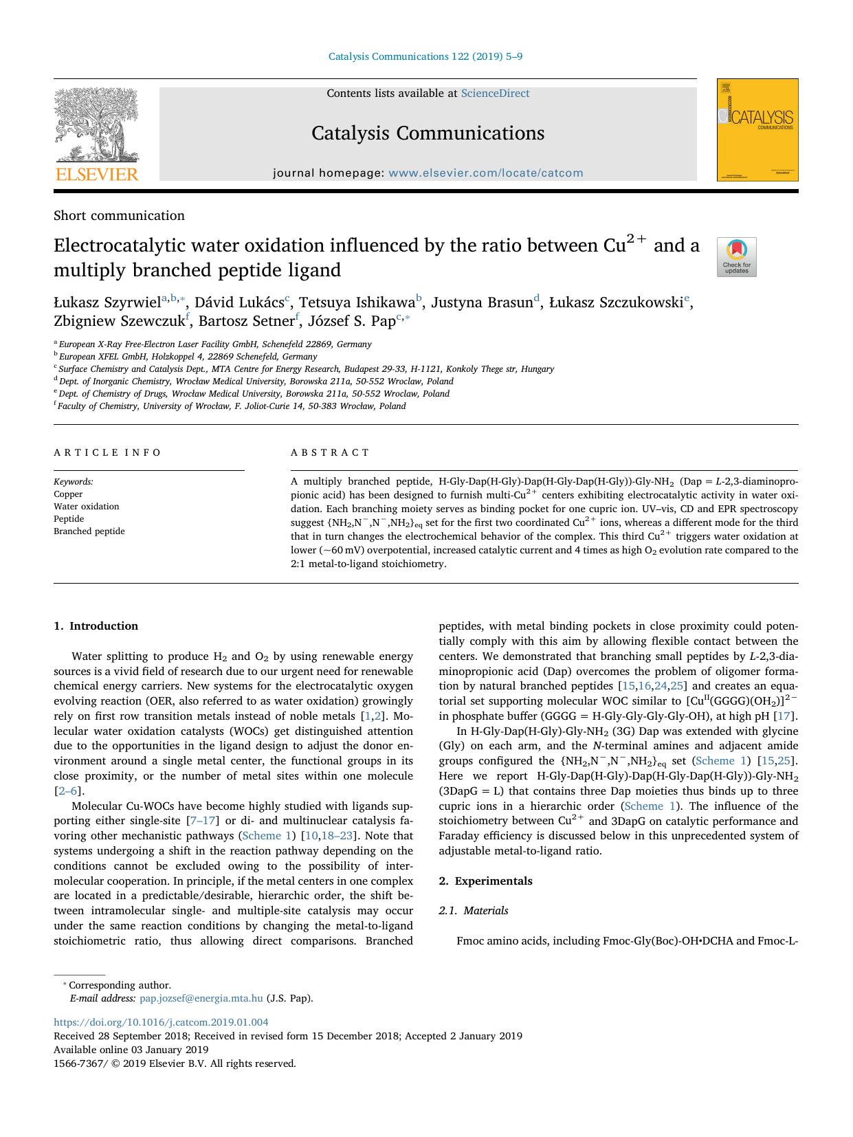 Electrocatalytic water oxidation influenced by the ratio between Cu2+ and a multiply branched peptide ligand by unknow