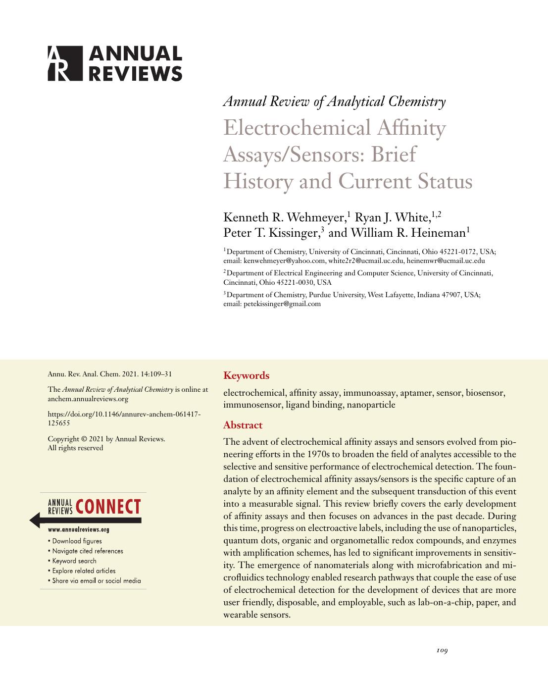 Electrochemical Affinity AssaysSensors: Brief History and Current Status by Kenneth R. Wehmeyer Ryan J. White Peter T. Kissinger William R. Heineman