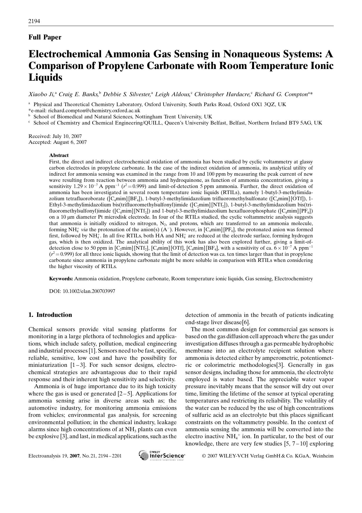 Electrochemical Ammonia Gas Sensing in Nonaqueous Systems: A Comparison of Propylene Carbonate with Room Temperature Ionic Liquids by Unknown
