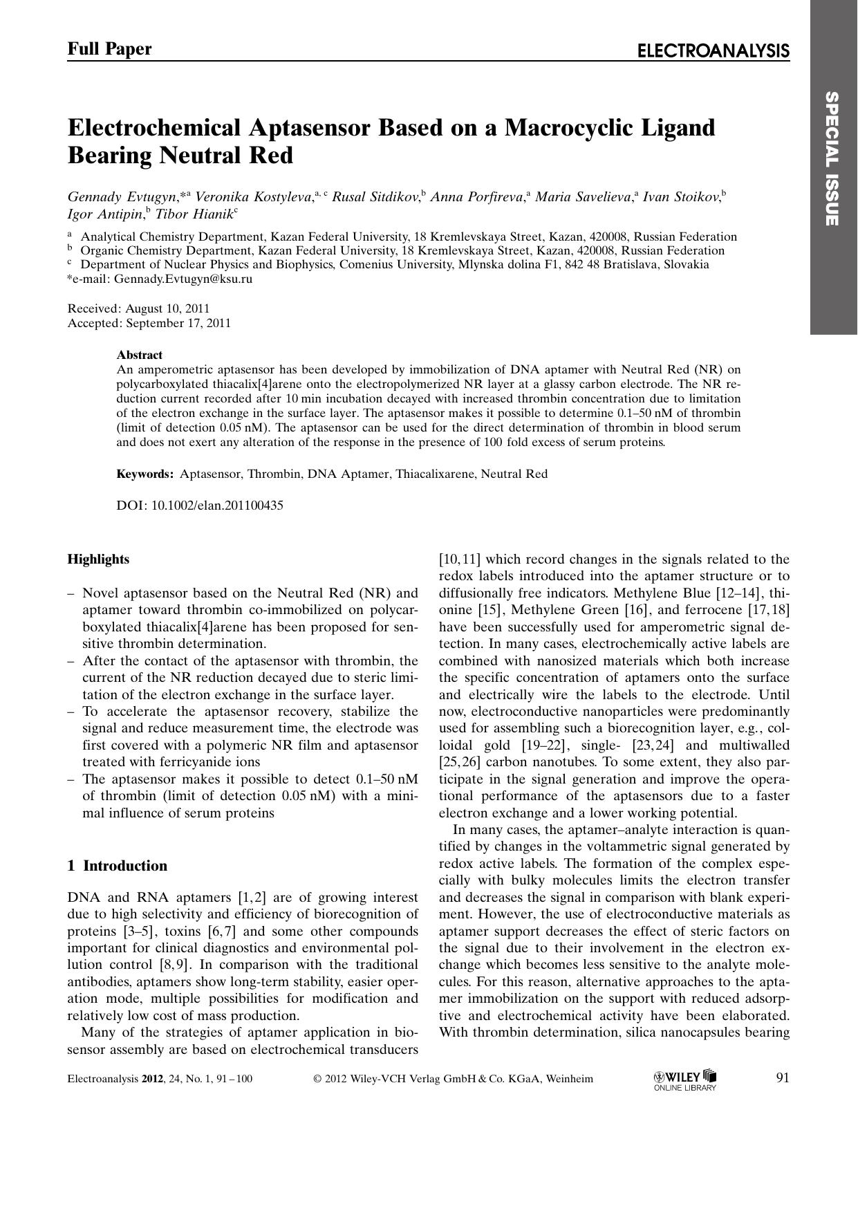 Electrochemical Aptasensor Based on a Macrocyclic Ligand Bearing Neutral Red by Unknown