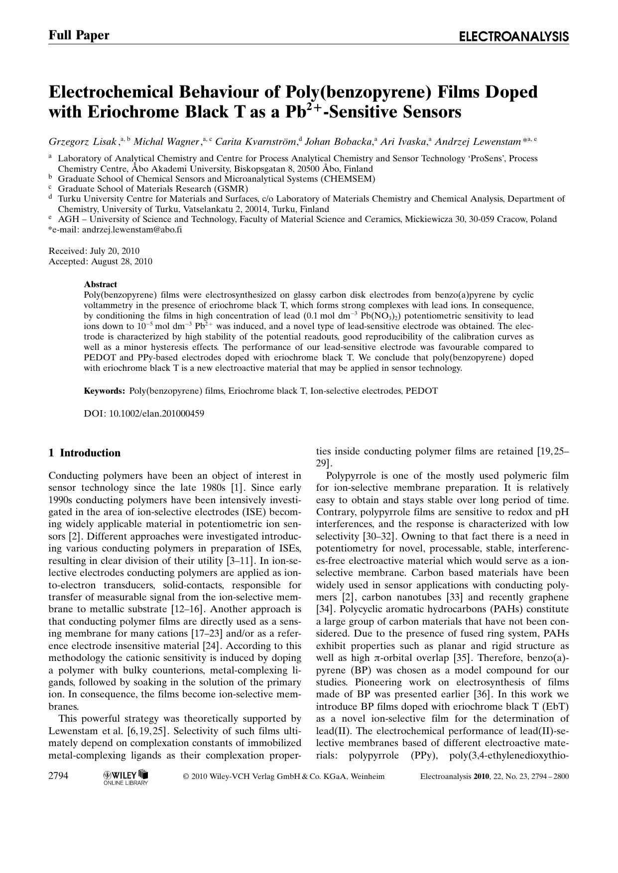 Electrochemical Behaviour of Poly(benzopyrene) Films Doped with Eriochrome Black T as a Pb2+Sensitive Sensors by Unknown
