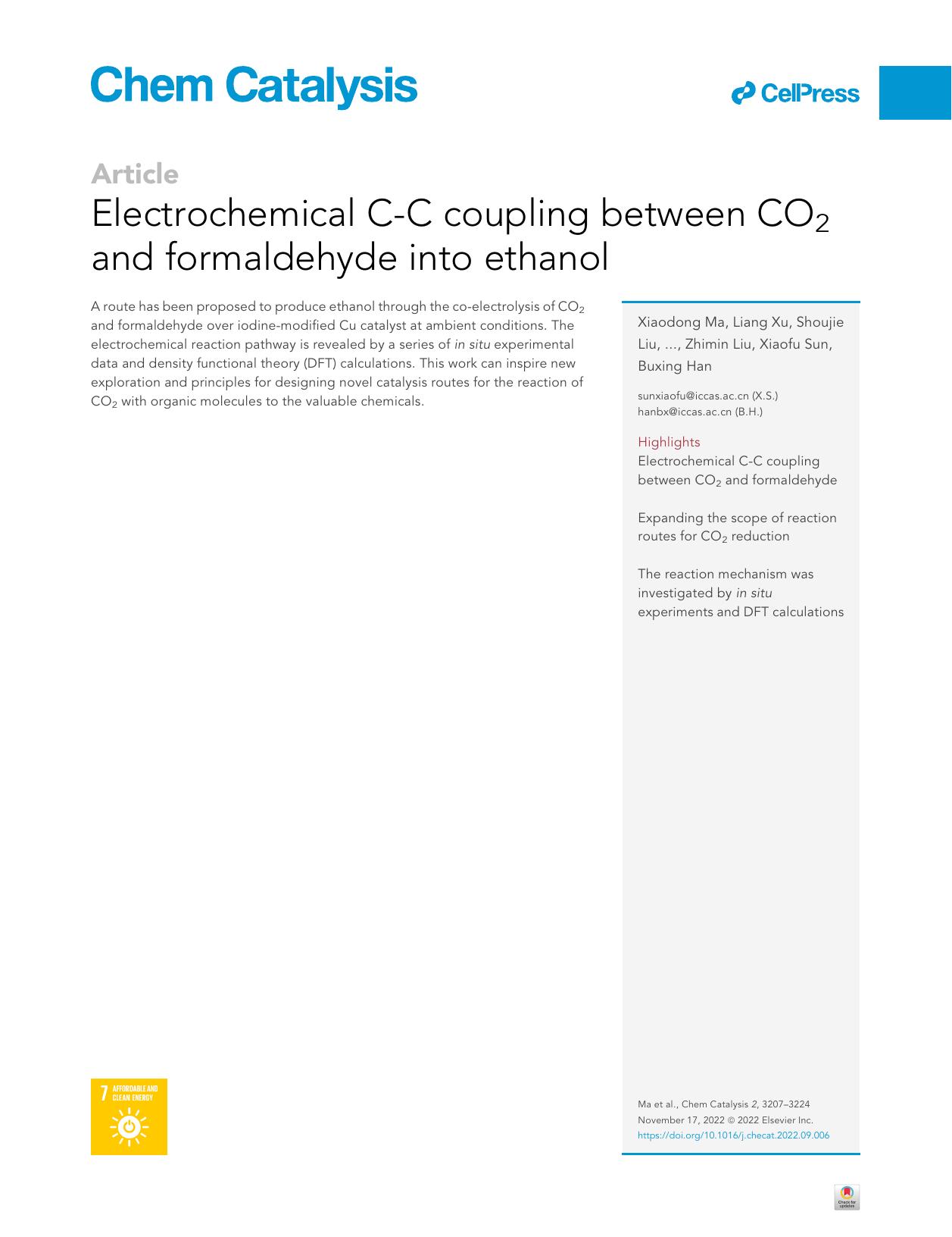 Electrochemical C-C coupling between CO2 and formaldehyde into ethanol by unknow