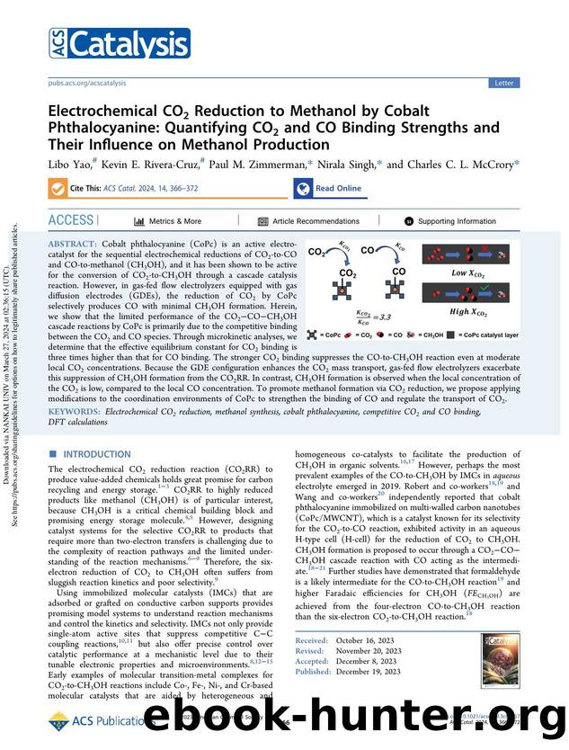 Electrochemical CO2 Reduction to Methanol by Cobalt Phthalocyanine: Quantifying CO2 and CO Binding Strengths and Their Influence on Methanol Production by Libo Yao Kevin E. Rivera-Cruz Paul M. Zimmerman Nirala Singh & Charles C. L. McCrory