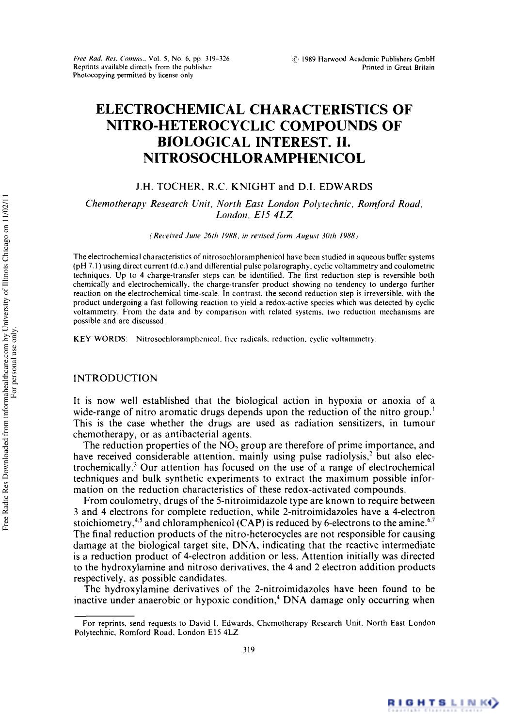 Electrochemical Characteristics of Nitro-Heterocyclic Compounds of Biological Interest. II. Nitrosochloramphenicol by J. H. Tocher1 R. C. Knight1 & D. I. Edwards1