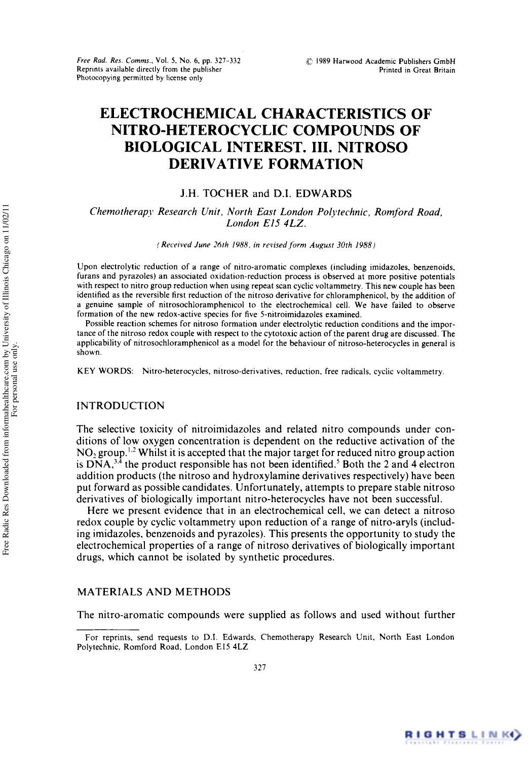 Electrochemical Characteristics of Nitro-Heterocyclic Compounds of Biological Interest. III. Nitroso Derivative Formation by J. H. Tocher1 & D. I. Edwards1