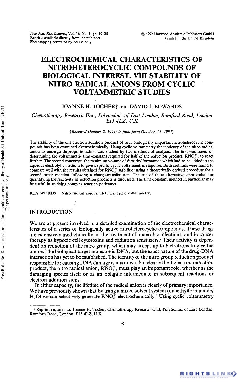 Electrochemical Characteristics of Nitroheterocyclic Compounds of Biological Interest. VIII Stability of Nitro Radical Anions from Cyclic Voltammetric Studies by Joanne H. Tocherz1† & David I. Edwards1
