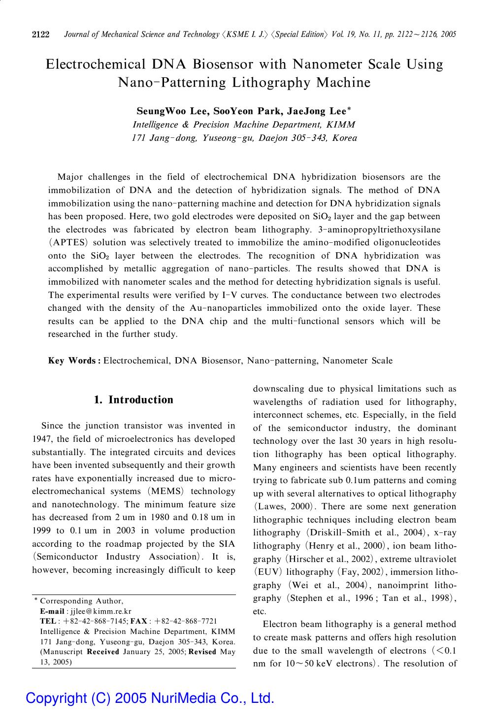 Electrochemical DNA biosensor with nanometer scale using nano-patterning lithography machine by Unknown