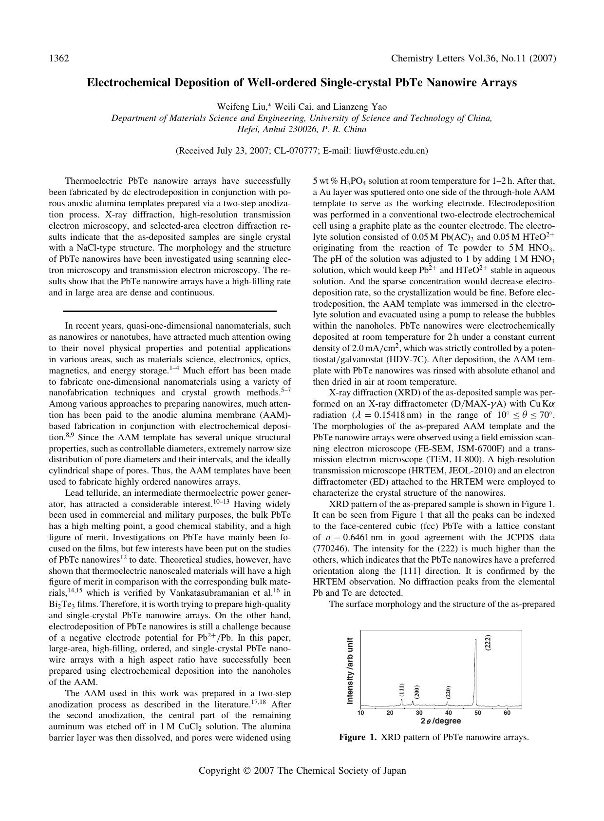 Electrochemical Deposition of Well-ordered Single-crystal PbTe Nanowire Arrays by Weifeng Liu Weili Cai and Lianzeng Yao