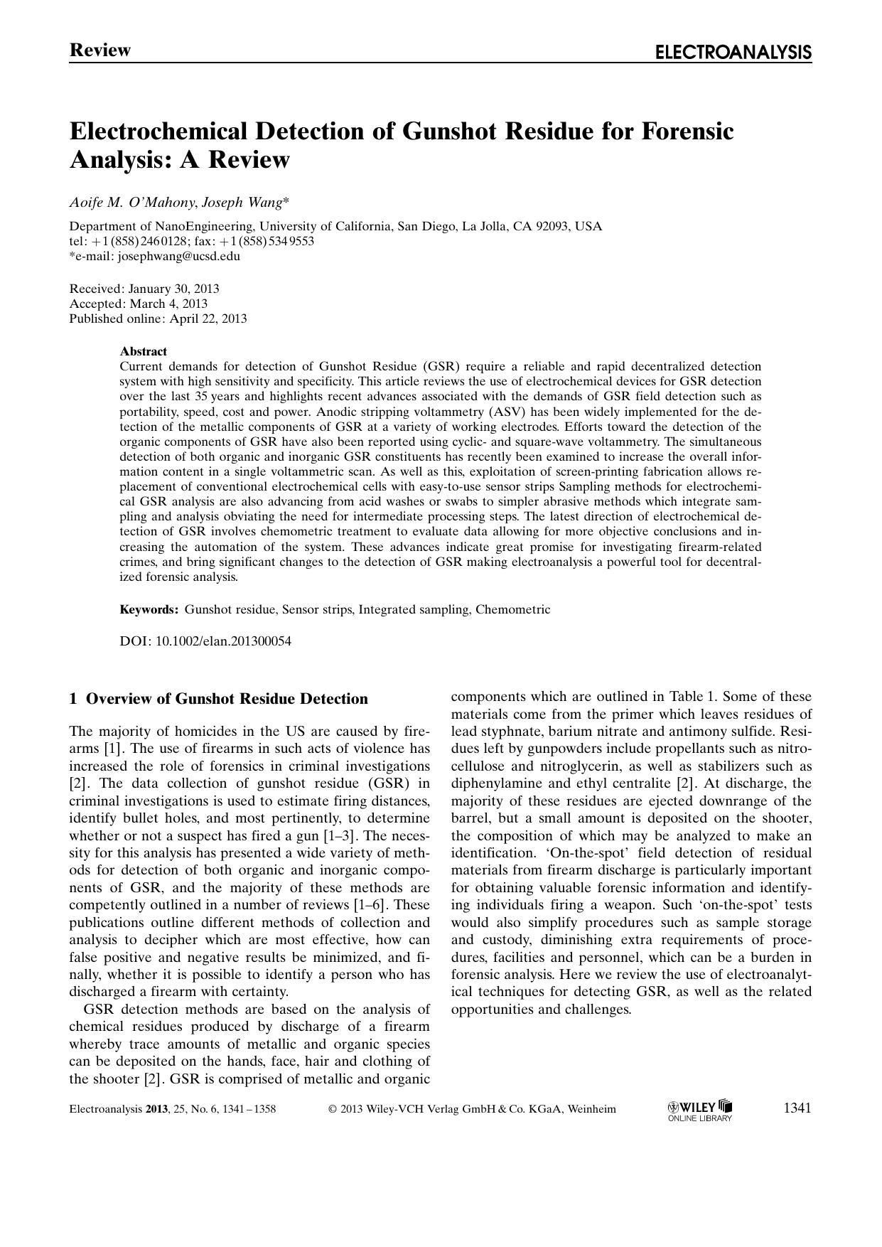 Electrochemical Detection of Gunshot Residue for Forensic Analysis: A Review by Unknown