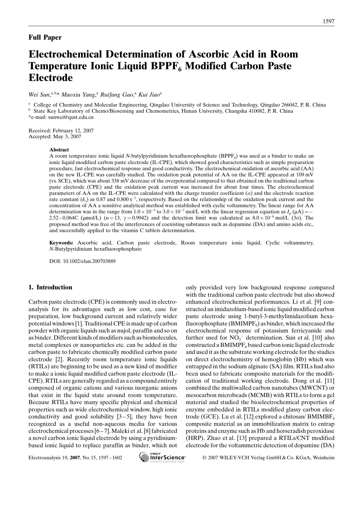 Electrochemical Determination of Ascorbic Acid in Room Temperature Ionic Liquid BPPF6 Modified Carbon Paste Electrode by Unknown