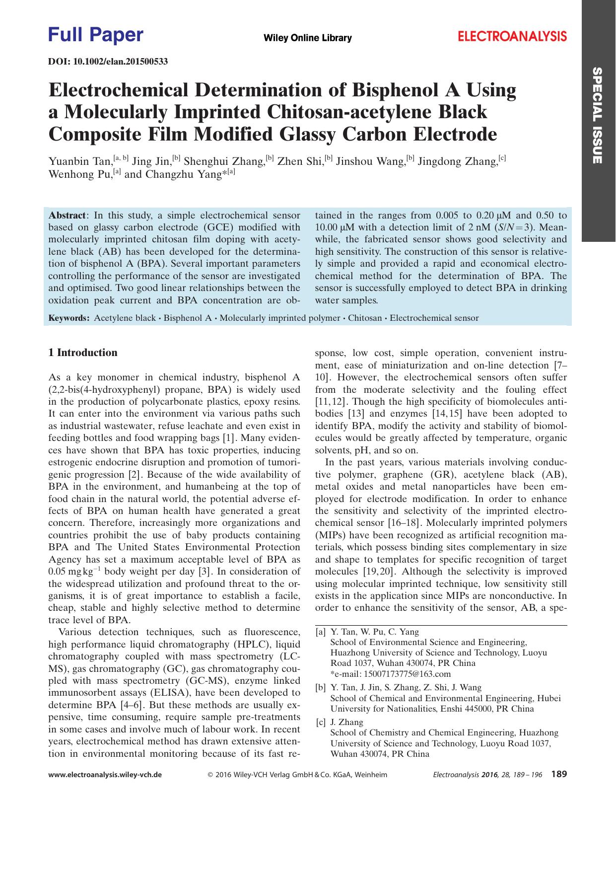Electrochemical Determination of Bisphenol A Using a Molecularly Imprinted Chitosanacetylene Black Composite Film Modified Glassy Carbon Electrode by Unknown