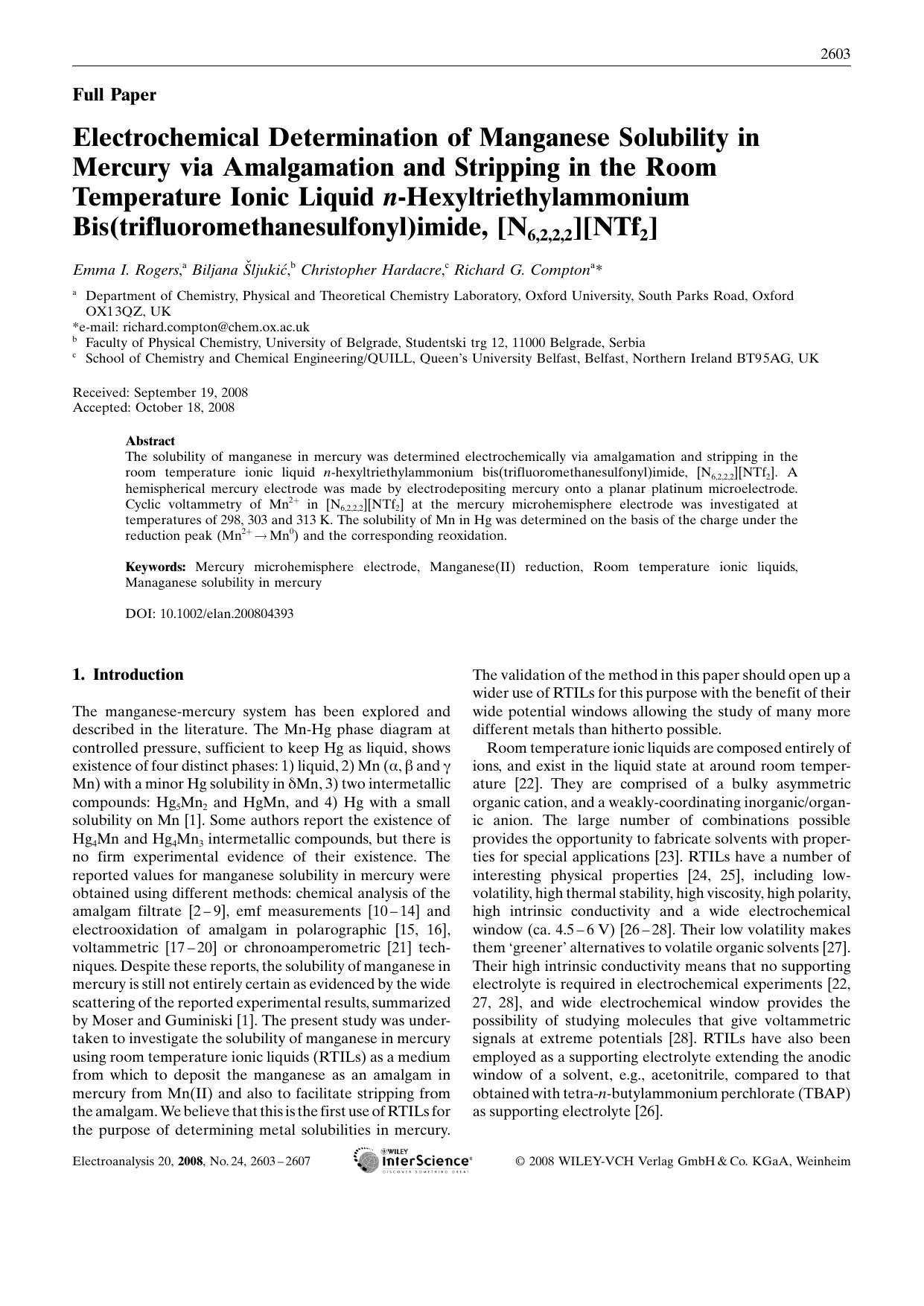 Electrochemical Determination of Manganese Solubility in Mercury via Amalgamation and Stripping in the Room Temperature Ionic Liquid n-Hexyltriethylammonium Bis(trifluoromethanesul by Unknown