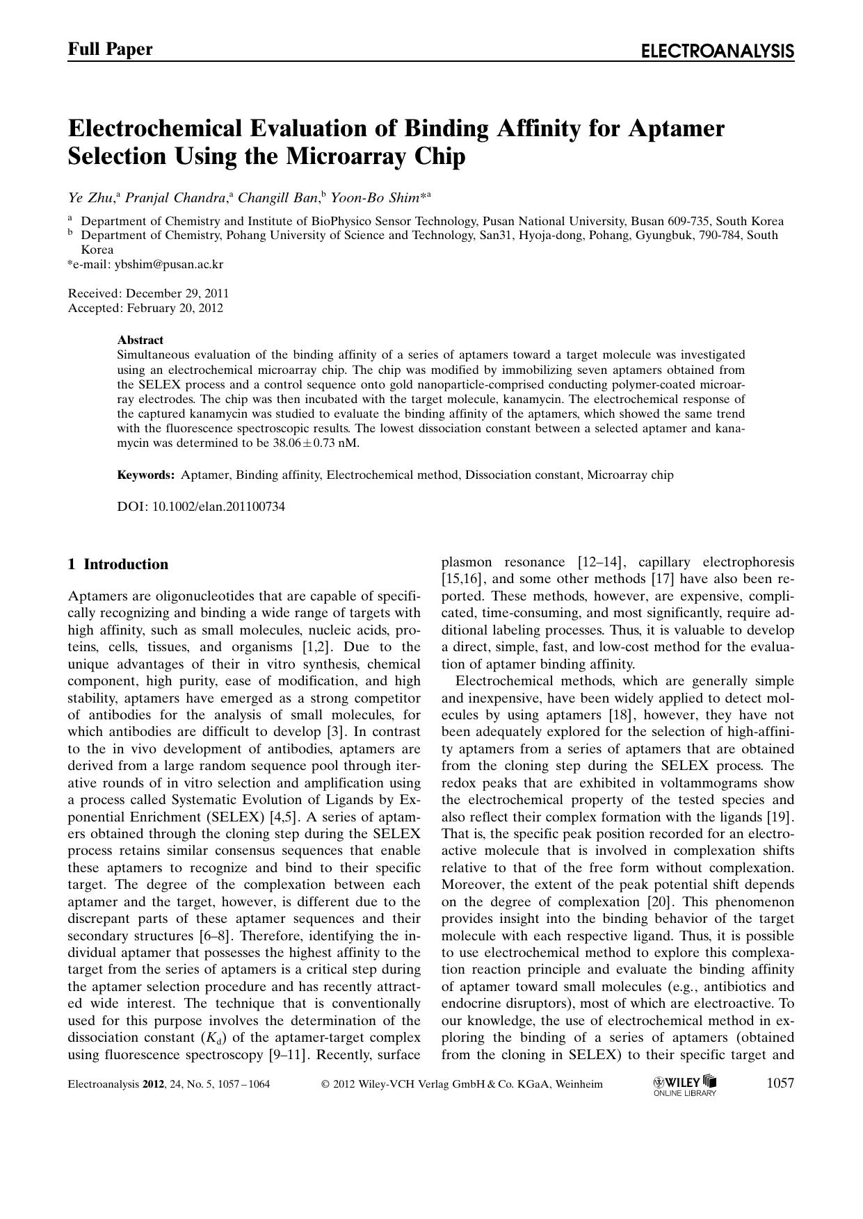Electrochemical Evaluation of Binding Affinity for Aptamer Selection Using the Microarray Chip by Unknown