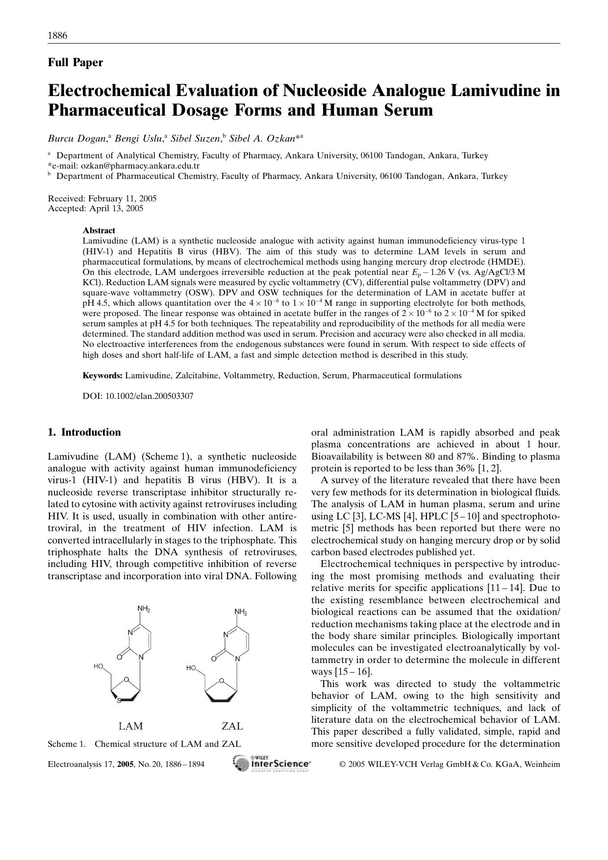 Electrochemical Evaluation of Nucleoside Analogue Lamivudine in Pharmaceutical Dosage Forms and Human Serum by Unknown