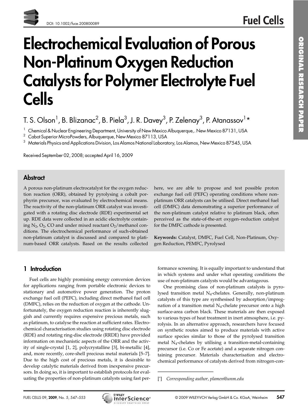 Electrochemical Evaluation of Porous Non-Platinum Oxygen Reduction Catalysts for Polymer Electrolyte Fuel Cells by Unknown