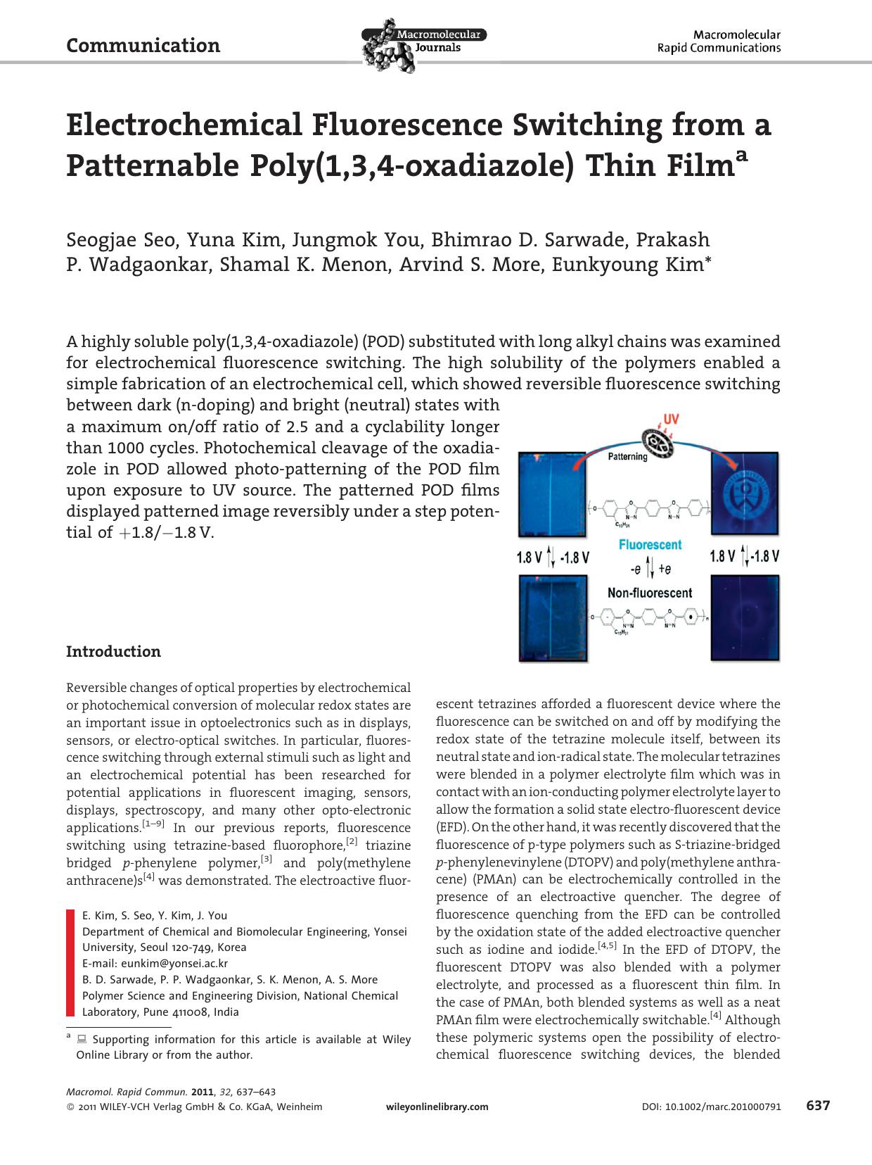 Electrochemical Fluorescence Switching from a Patternable Poly(1,3,4oxadiazole) Thin Film by Unknown