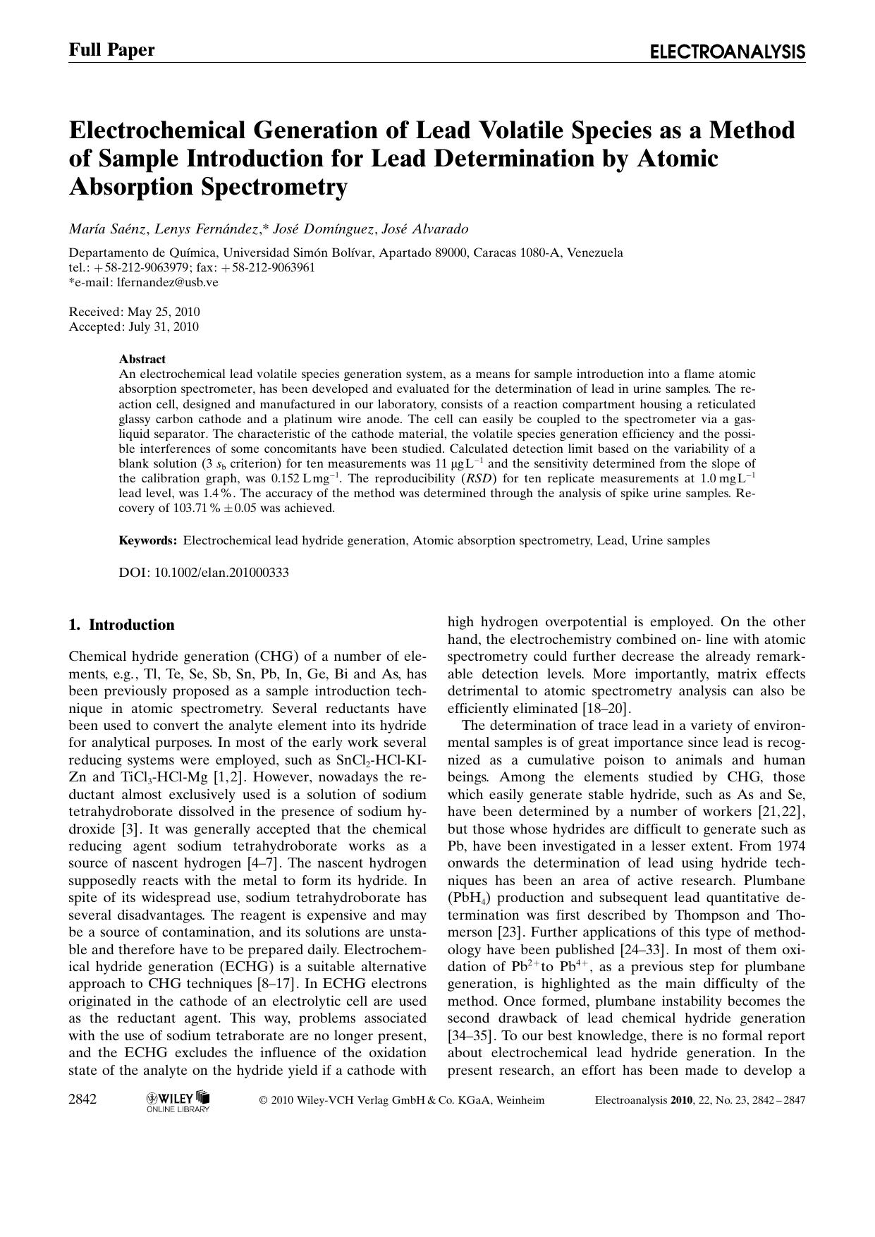 Electrochemical Generation of Lead Volatile Species as a Method of Sample Introduction for Lead Determination by Atomic Absorption Spectrometry by Unknown