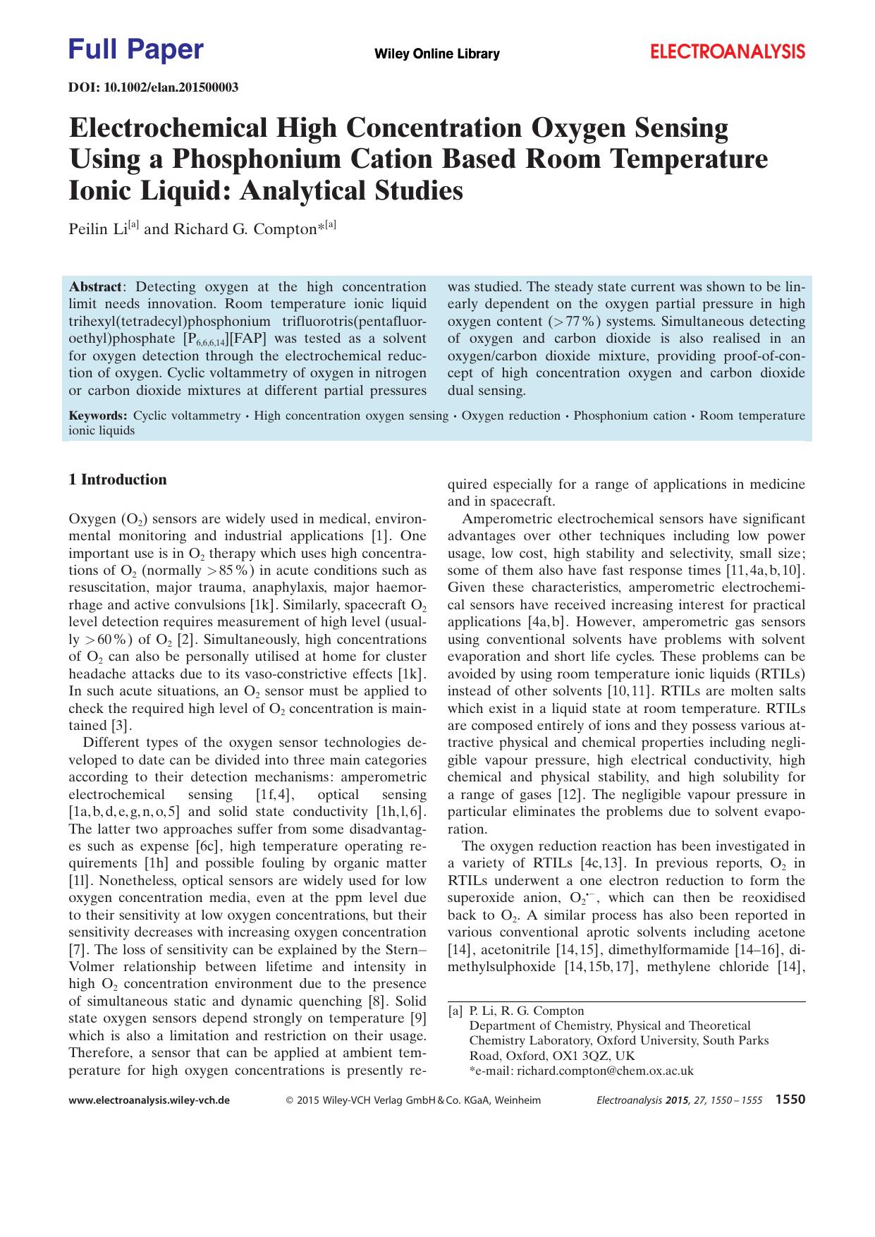 Electrochemical High Concentration Oxygen Sensing Using a Phosphonium Cation Based Room Temperature Ionic Liquid: Analytical Studies by Unknown