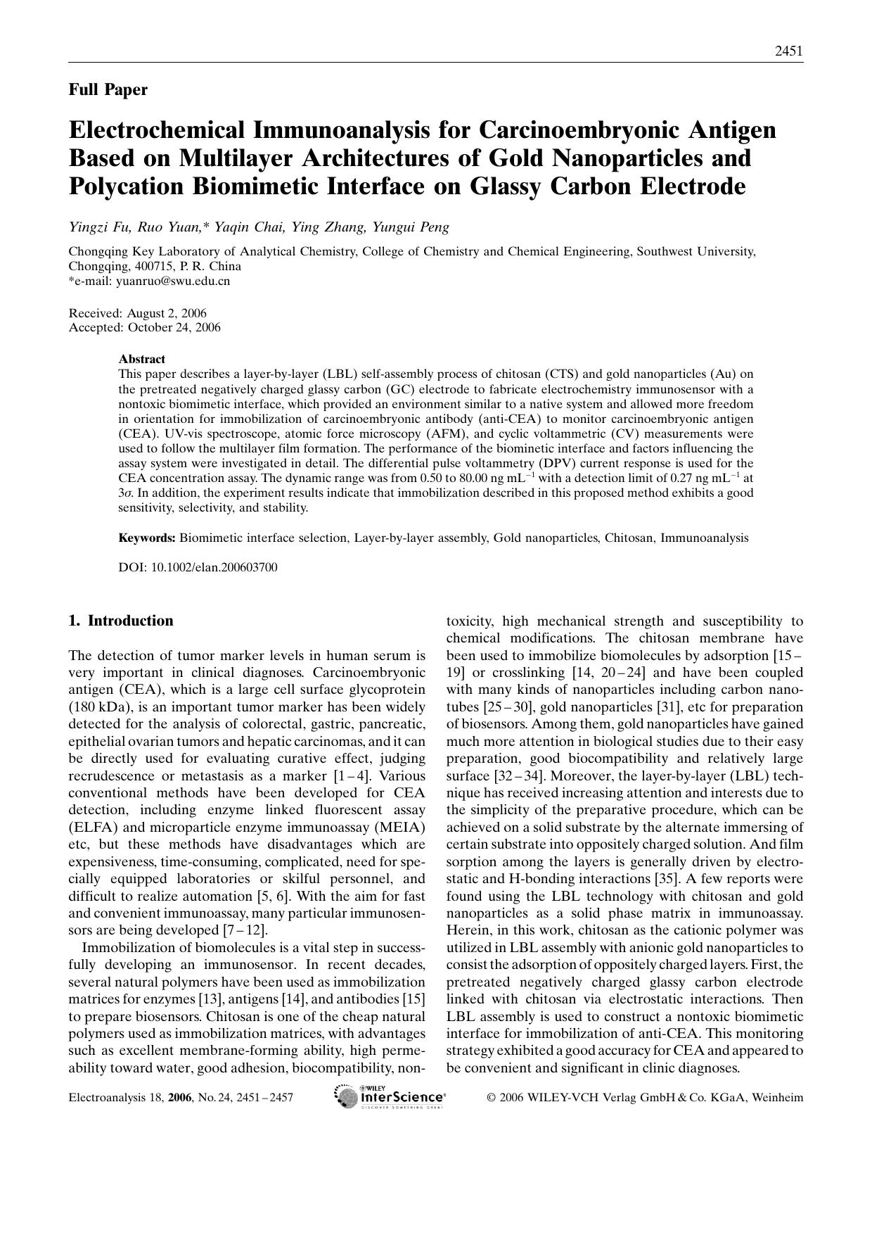 Electrochemical Immunoanalysis for Carcinoembryonic Antigen Based on Multilayer Architectures of Gold Nanoparticles and Polycation Biomimetic Interface on Glassy Carbon Electrode by Unknown