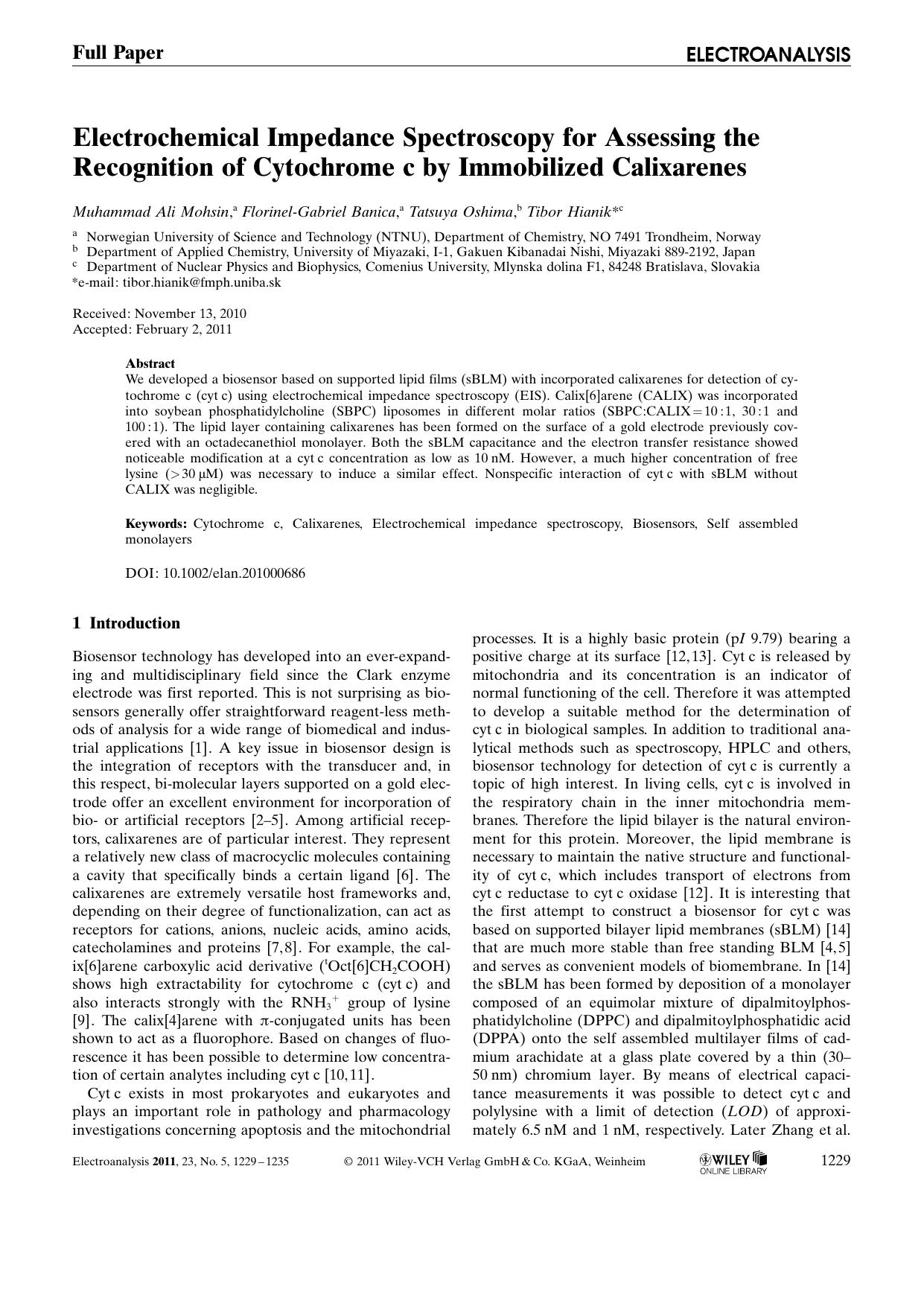 Electrochemical Impedance Spectroscopy for Assessing the Recognition of Cytochrome c by Immobilized Calixarenes by Unknown