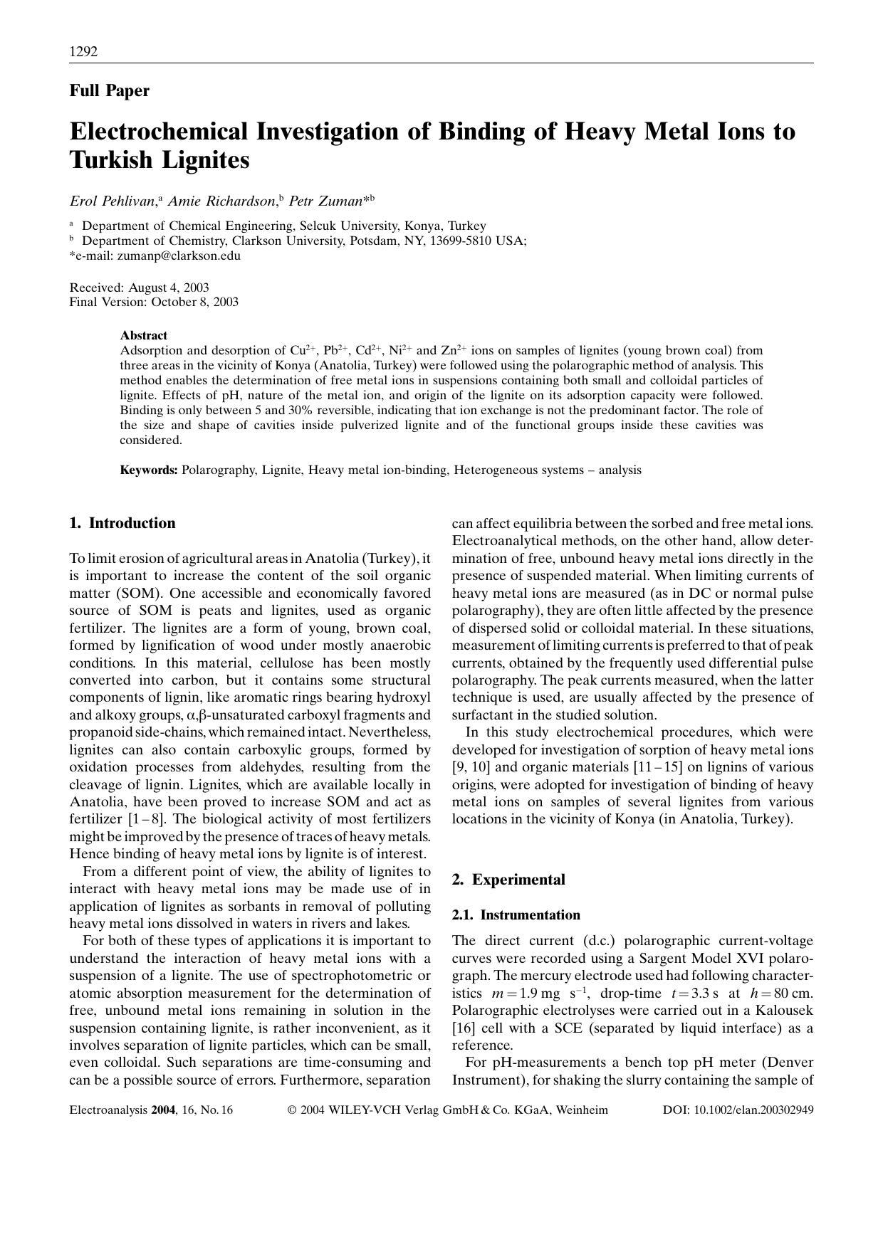Electrochemical Investigation of Binding of Heavy Metal Ions to Turkish Lignites by Unknown