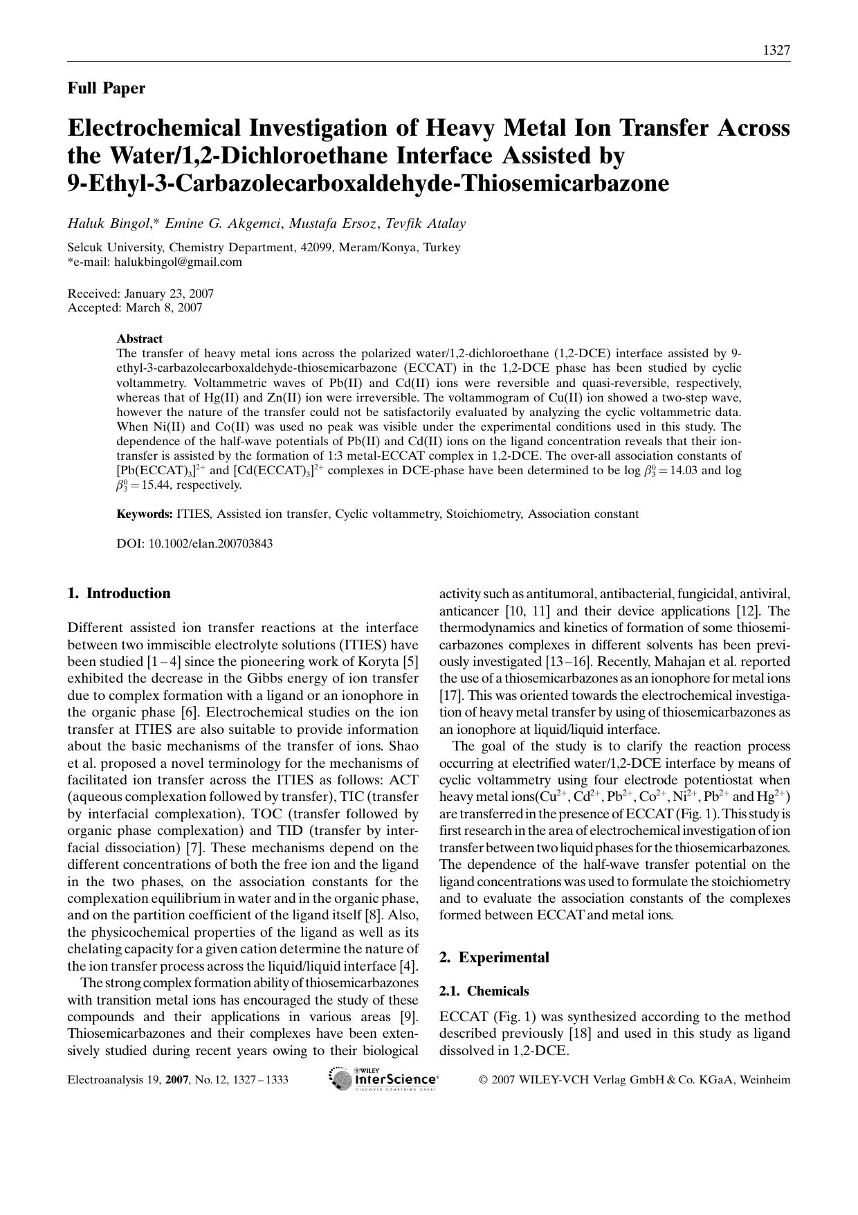 Electrochemical Investigation of Heavy Metal Ion Transfer Across the Water1,2-Dichloroethane Interface Assisted by 9-Ethyl-3-Carbazolecarboxaldehyde-Thiosemicarbazone by Unknown