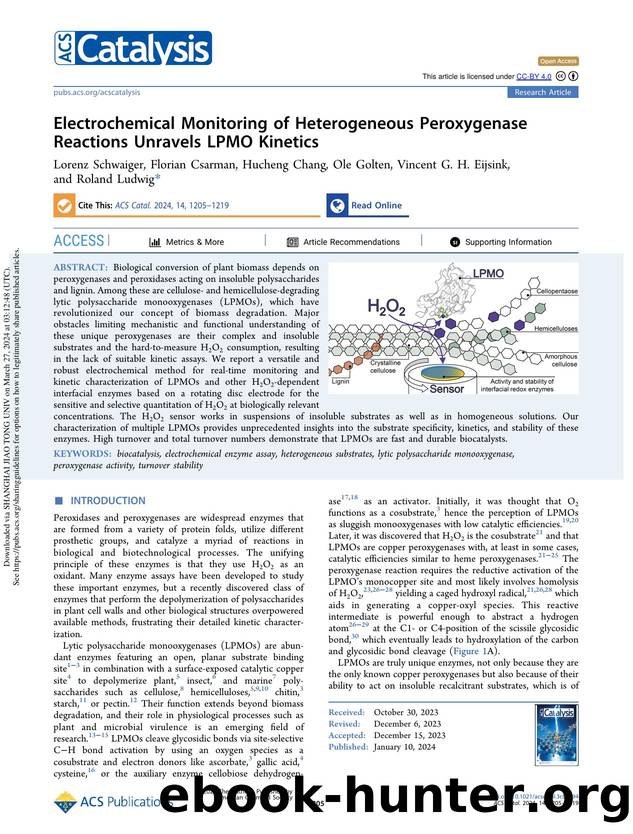 Electrochemical Monitoring of Heterogeneous Peroxygenase Reactions Unravels LPMO Kinetics by Lorenz Schwaiger Florian Csarman Hucheng Chang Ole Golten Vincent G. H. Eijsink & Roland Ludwig