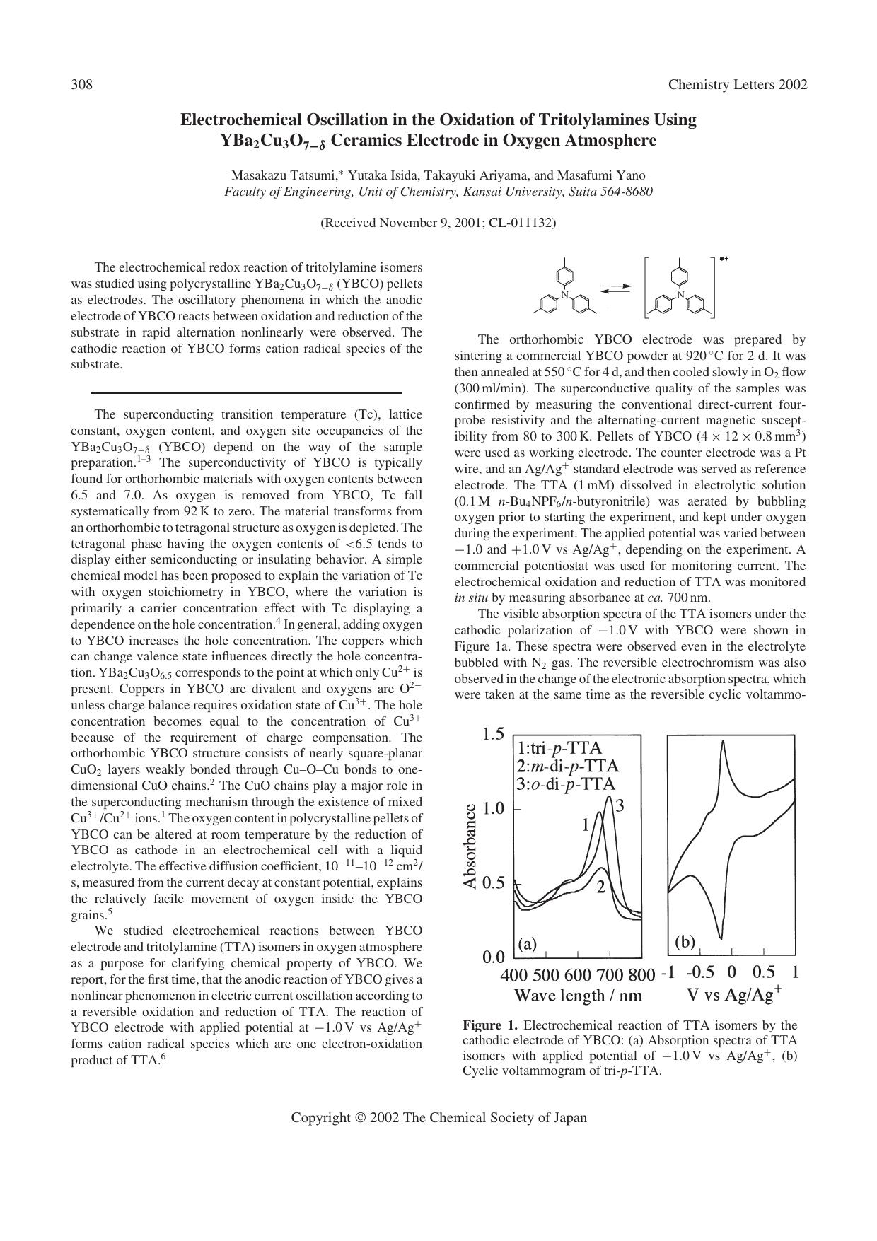 Electrochemical Oscillation in the Oxidation of Tritolylamines Using YBa_{2}Cu_{3}O_{7-\delta} Ceramics Electrode in Oxygen Atmosphere by Masakazu Tatsumi Yutaka Isida Takayuki Ariyama and Masafumi Yano