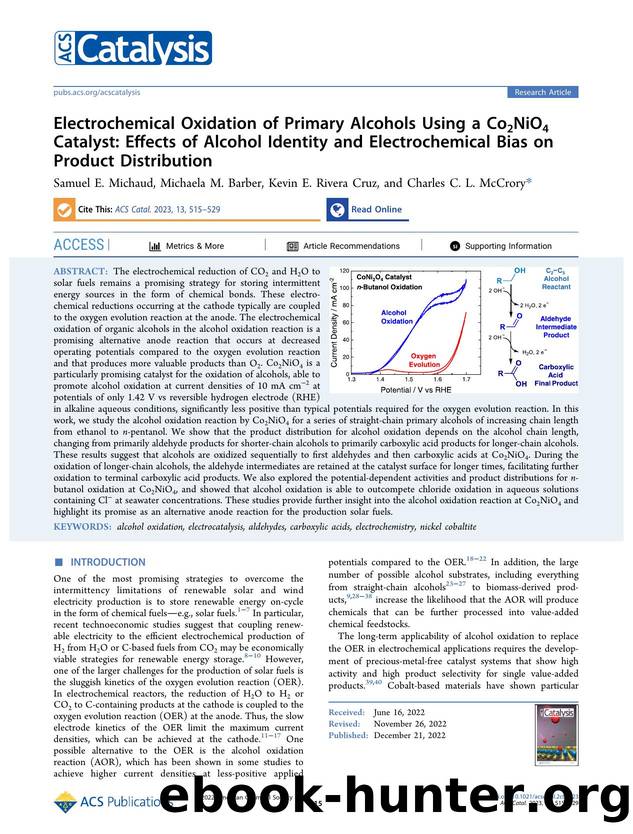 Electrochemical Oxidation of Primary Alcohols Using a Co2NiO4 Catalyst: Effects of Alcohol Identity and Electrochemical Bias on Product Distribution by Samuel E. Michaud Michaela M. Barber Kevin E. Rivera Cruz and Charles C. L. McCrory