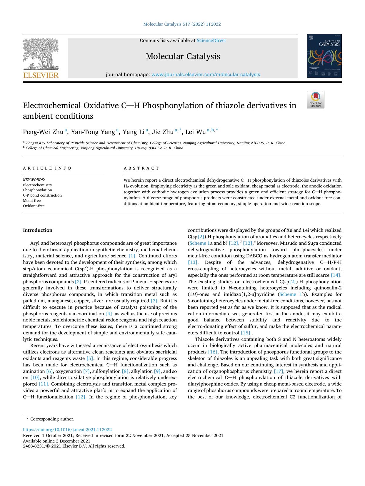 Electrochemical Oxidative C[sbnd]H Phosphonylation of thiazole derivatives in ambient conditions by Peng-Wei Zhu & Yan-Tong Yang & Yang Li & Jie Zhu & Lei Wu