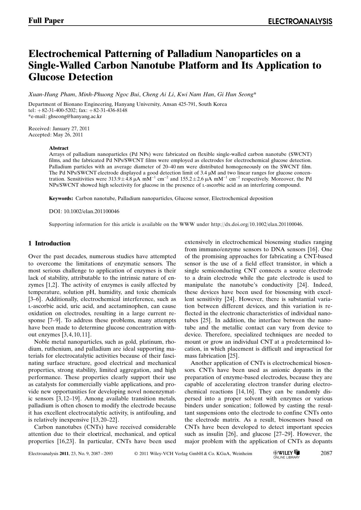 Electrochemical Patterning of Palladium Nanoparticles on a SingleWalled Carbon Nanotube Platform and Its Application to Glucose Detection by Unknown