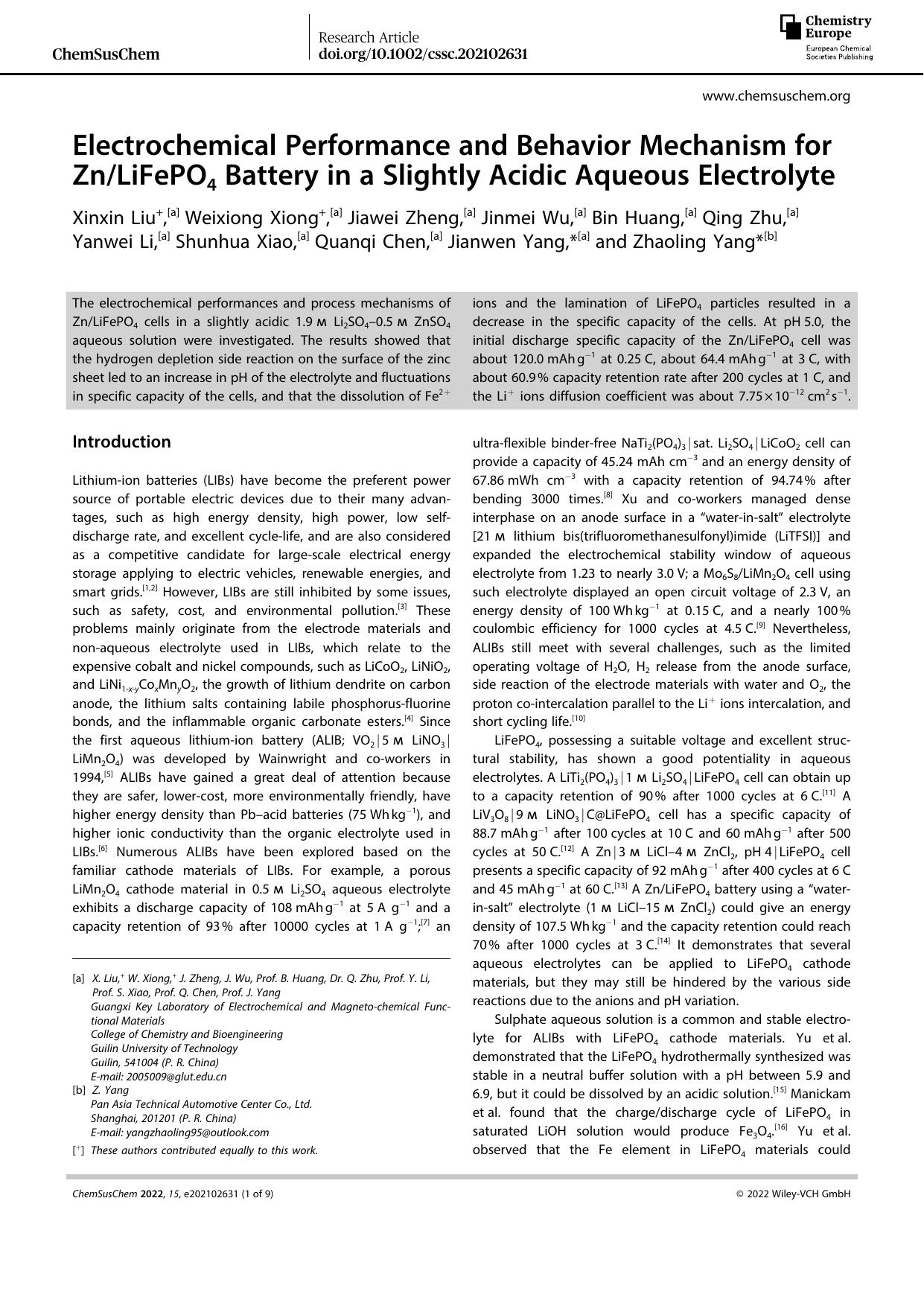 Electrochemical Performance and Behavior Mechanism for ZnLiFePO4 Battery in a Slightly Acidic Aqueous Electrolyte by Unknown