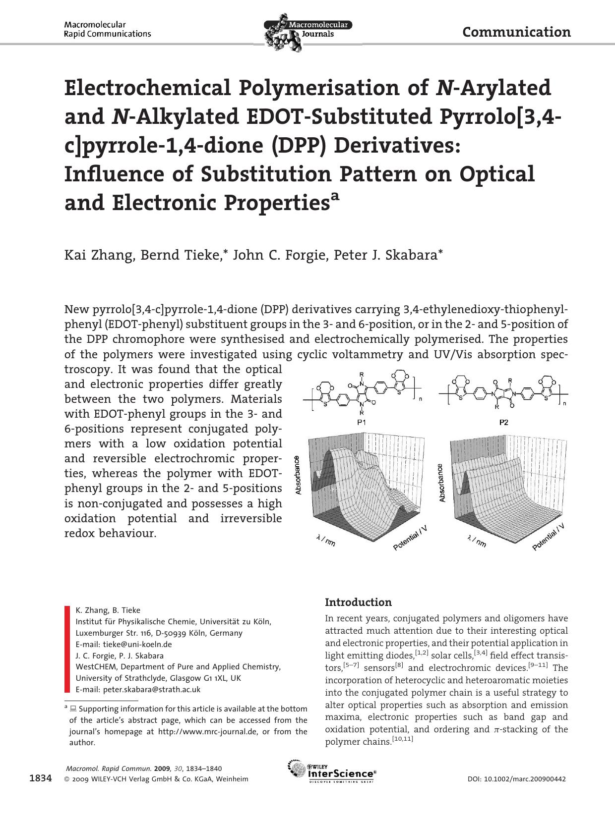 Electrochemical Polymerisation of N-Arylated and N-Alkylated EDOT-Substituted Pyrrolo[3,4-c]pyrrole-1,4-dione (DPP) Derivatives: Influence of Substitution Pattern on Optical and Electronic Properties by Unknown