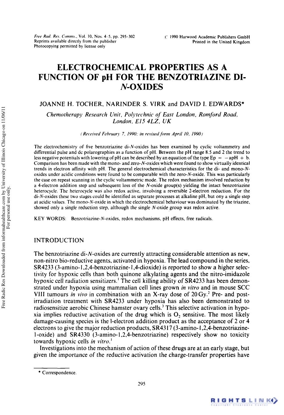 Electrochemical Properties As A Function of Ph for the Benzotriazine DI-N-Oxides by Joanne H. Tocher1 Narinder S. Virk1 & David I. Edwards1