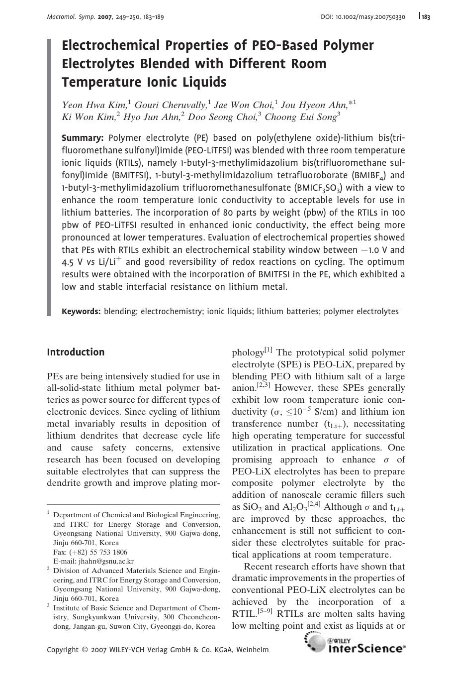 Electrochemical Properties of PEO-Based Polymer Electrolytes Blended with Different Room Temperature Ionic Liquids by Unknown
