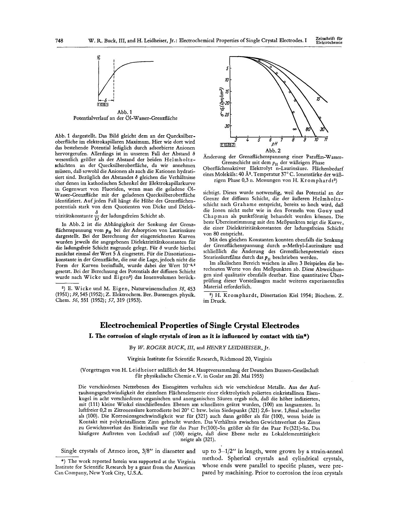 Electrochemical Properties of Single Crystal Electrodes I. The corrosion of single crystals of iron as it is influenced by contact with tin by Unknown