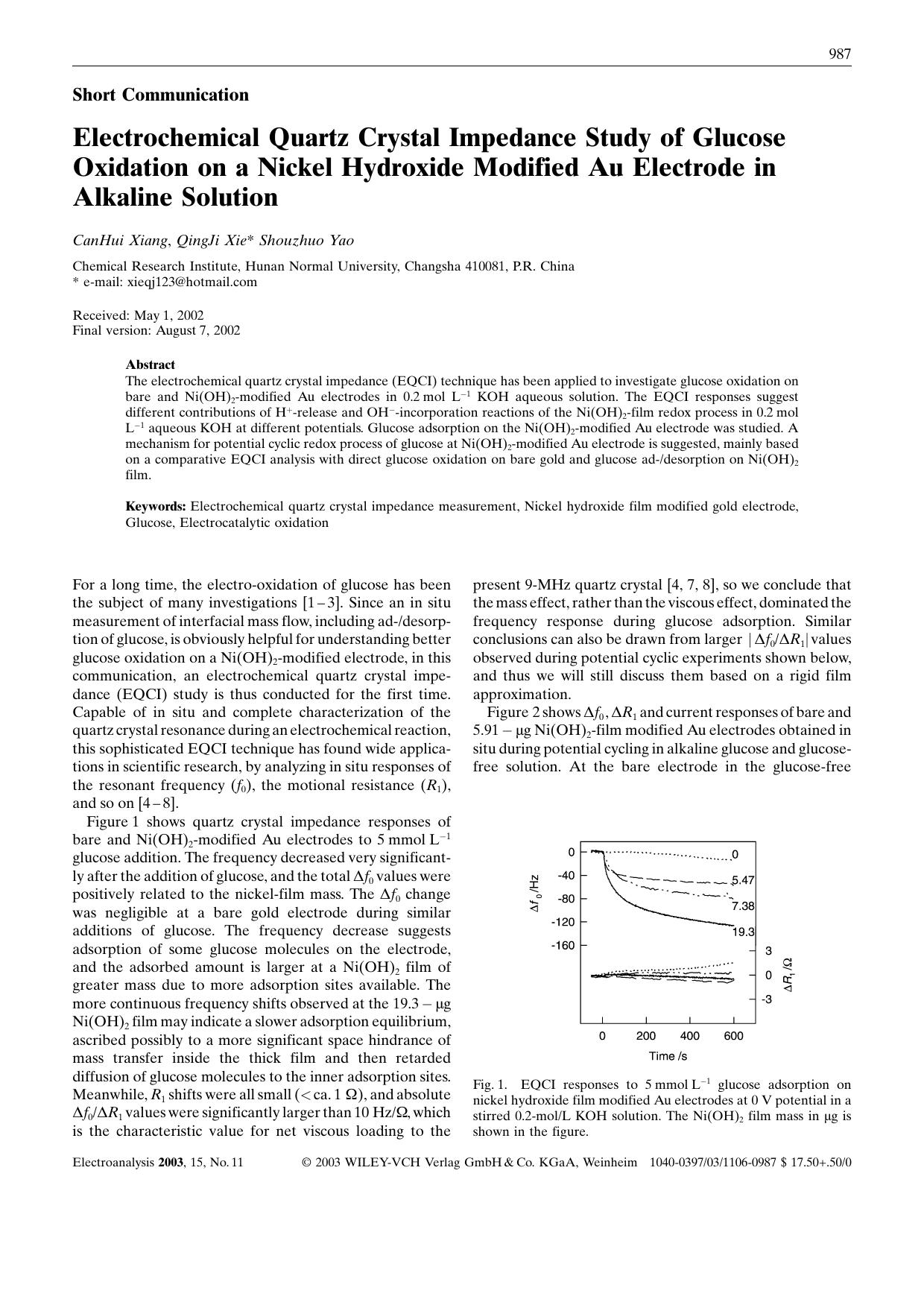 Electrochemical Quartz Crystal Impedance Study of Glucose Oxidation on a Nickel Hydroxide Modified Au Electrode in Alkaline Solution by Unknown