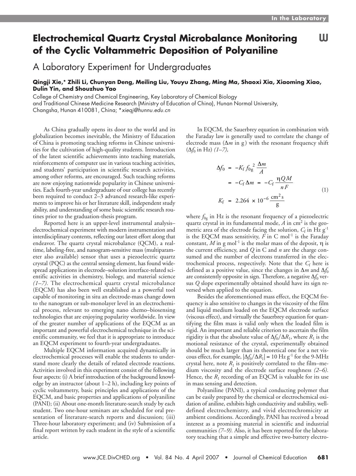 Electrochemical Quartz Crystal Microbalance Monitoring of the Cyclic Voltammetric Deposition of Polyaniline. A Laboratory Experiment for Undergraduates by unknow