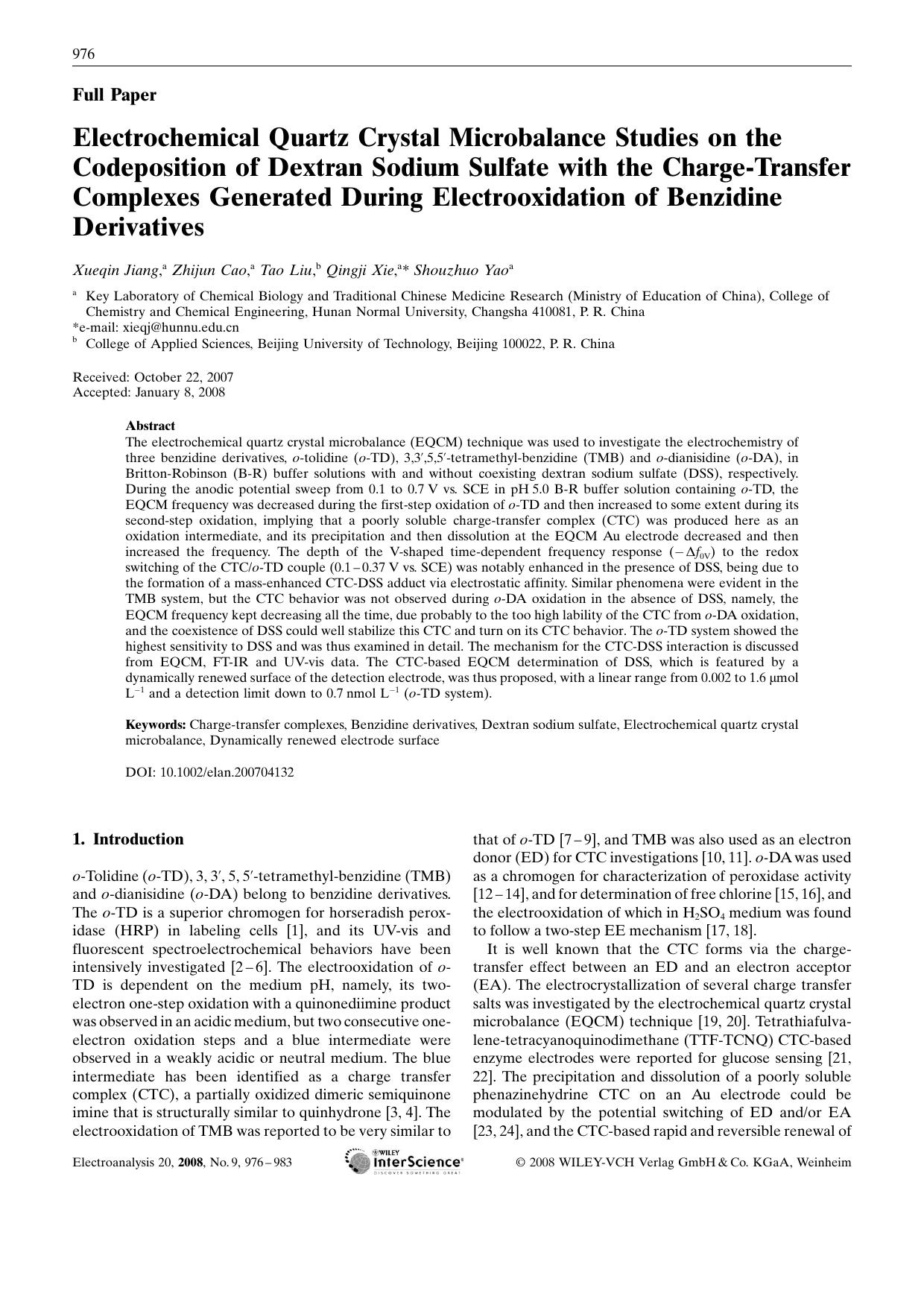 Electrochemical Quartz Crystal Microbalance Studies on the Codeposition of Dextran Sodium Sulfate with the Charge-Transfer Complexes Generated During Electrooxidation of Benzidine Derivatives by Unknown